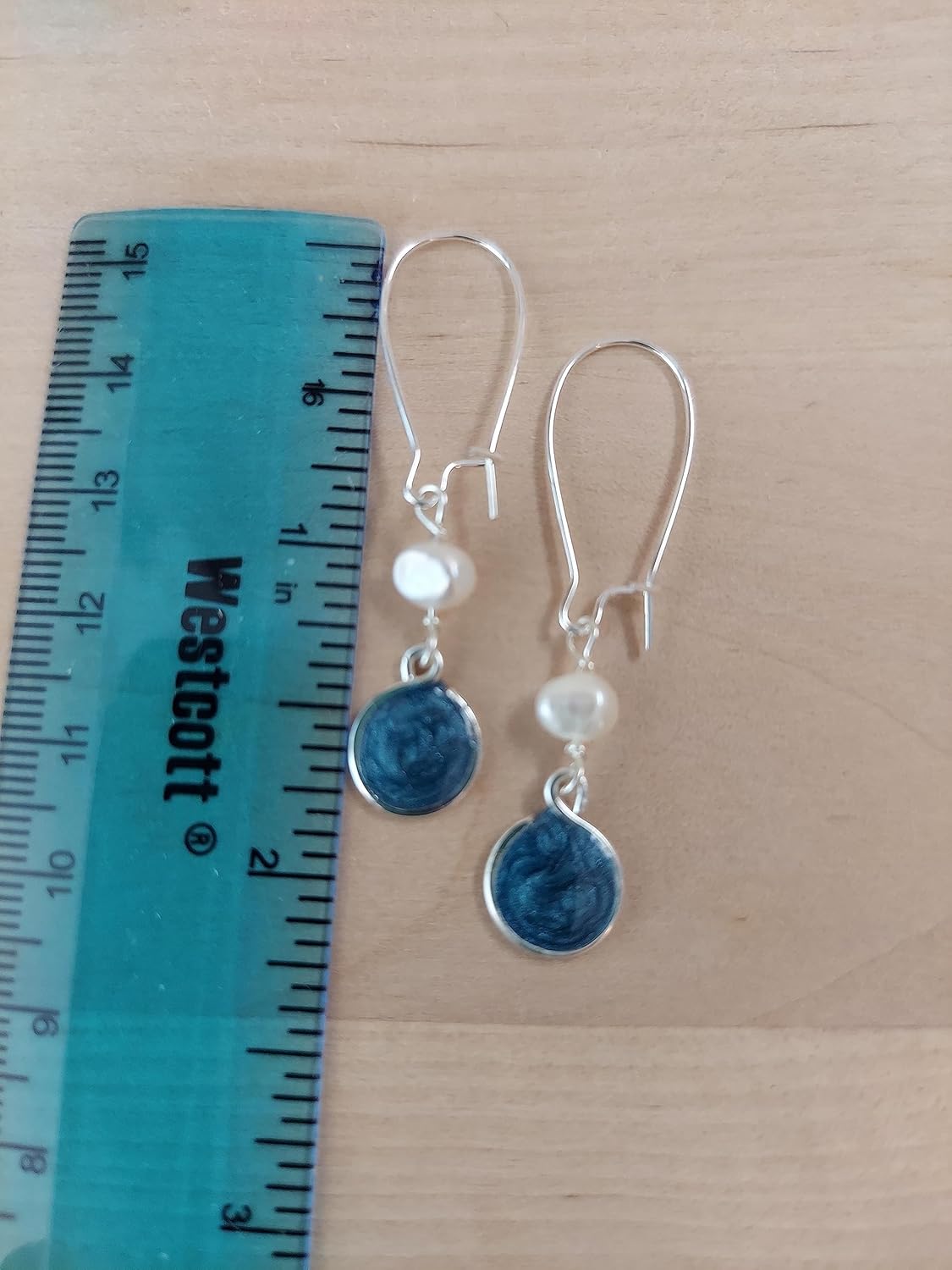 Handmade Lightweight Silvertone Green Resin and Pearl Earrings on Kidney Wire