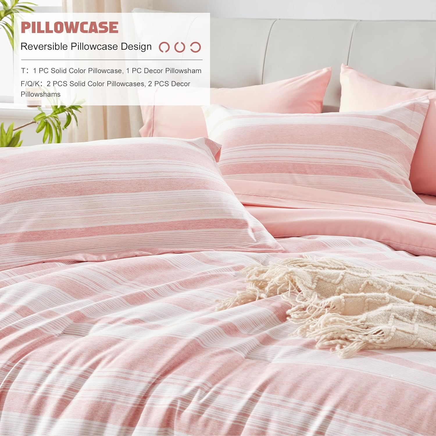 UNILIBRA Juego de edredón rosa tamaño Queen, 7 piezas de ropa de cama a rayas en una bolsa, juegos de ropa de cama ligera de teñido catiónico para