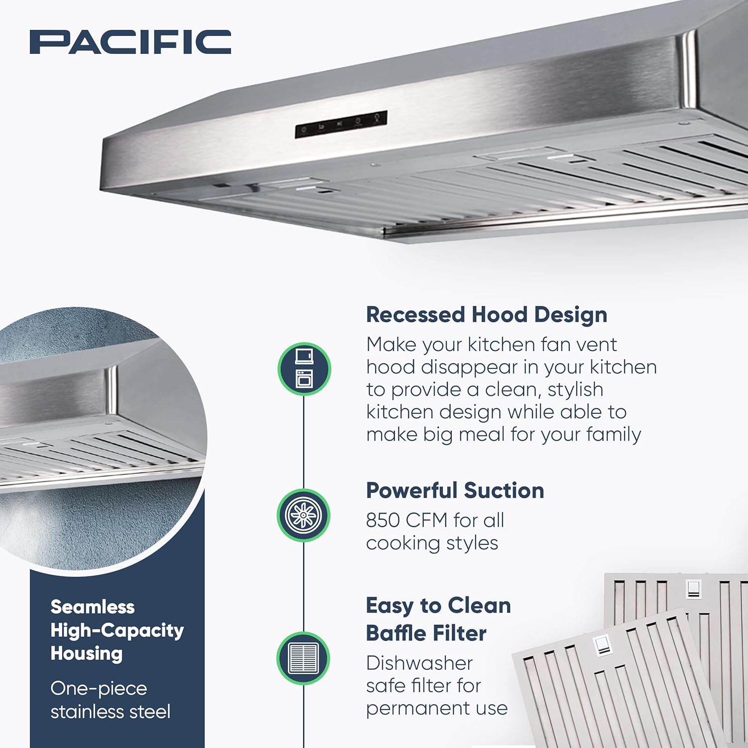 PACIFIC Campana extractora Economy Pro PR6830AS de 36 pulgadas, 850 CFM, carcasa de alta capacidad con filtro deflector apto para lavavajillas,