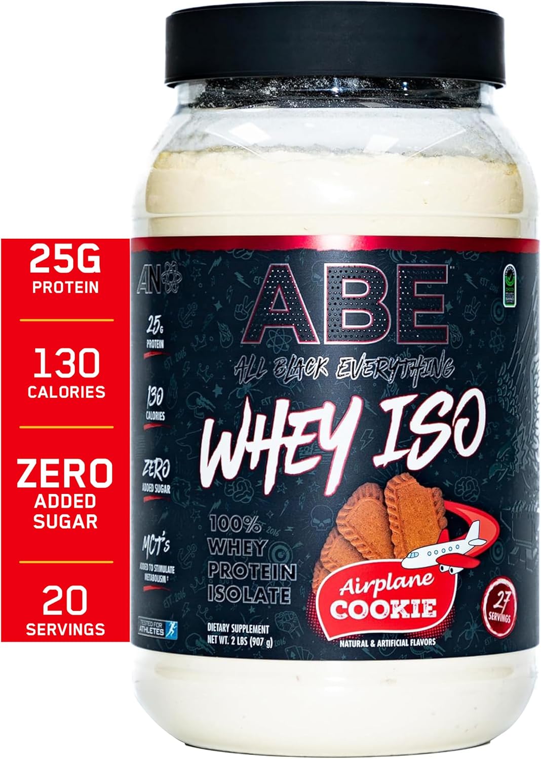 ABE Whey ISO – All Black Everything 100% aislado de proteína de suero con trozos de golosinas de avión de azúcar marrón  Después del entrenamiento,