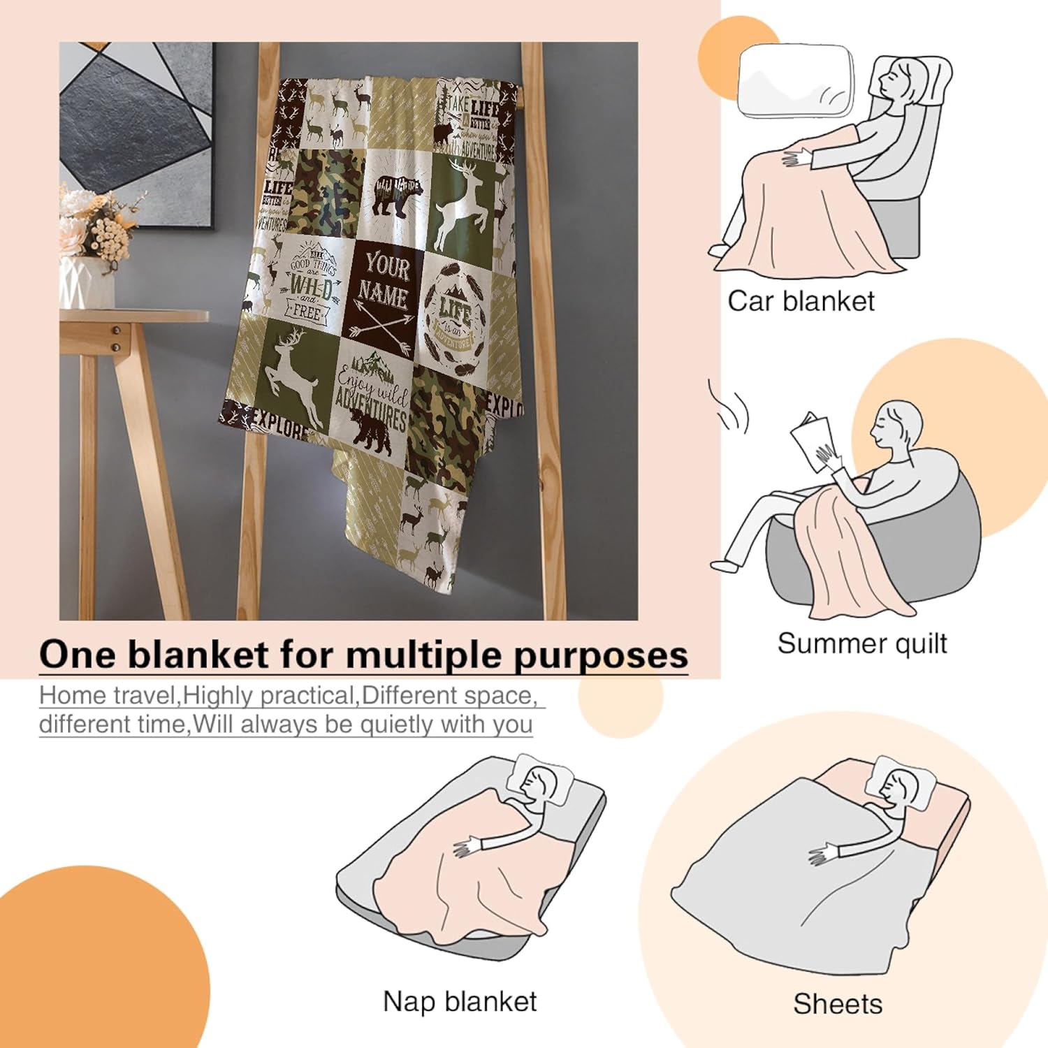 Manta personalizada con diseño de aventura en el bosque, manta personalizada con diseño de oso de ciervos, camuflado, para caza de ciervos, para