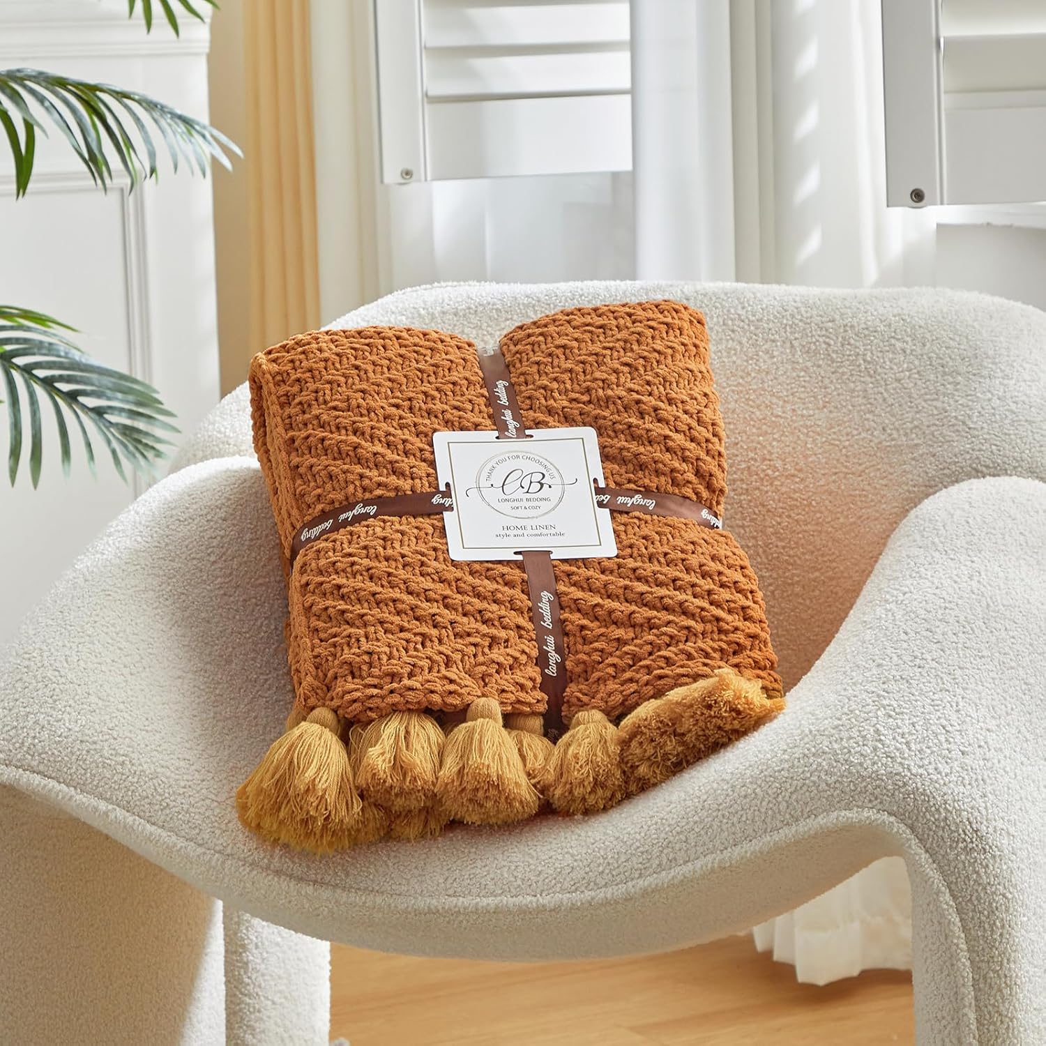 Manta de punto naranja óxido con flecos, manta de punto grueso de felpilla suave y ligera para sofá, cama, exteriores y viajes, 51 x 63 pulgadas,