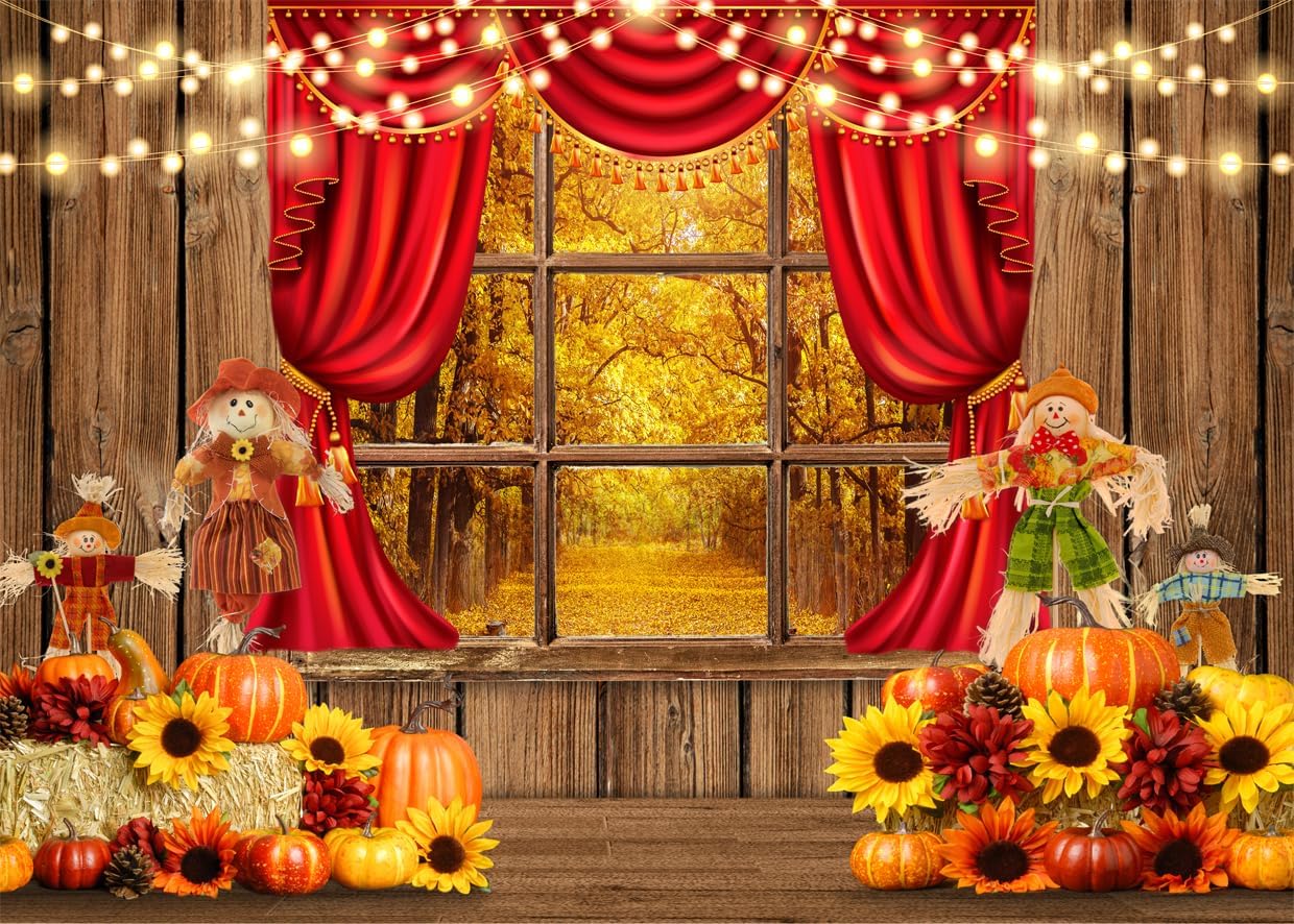 AIIKES Telón de fondo de cosecha de otoño de 7 x 5 pies, bosque de otoño, bosque, exterior, ventana, telón de fondo para fotografía, día de Acción
