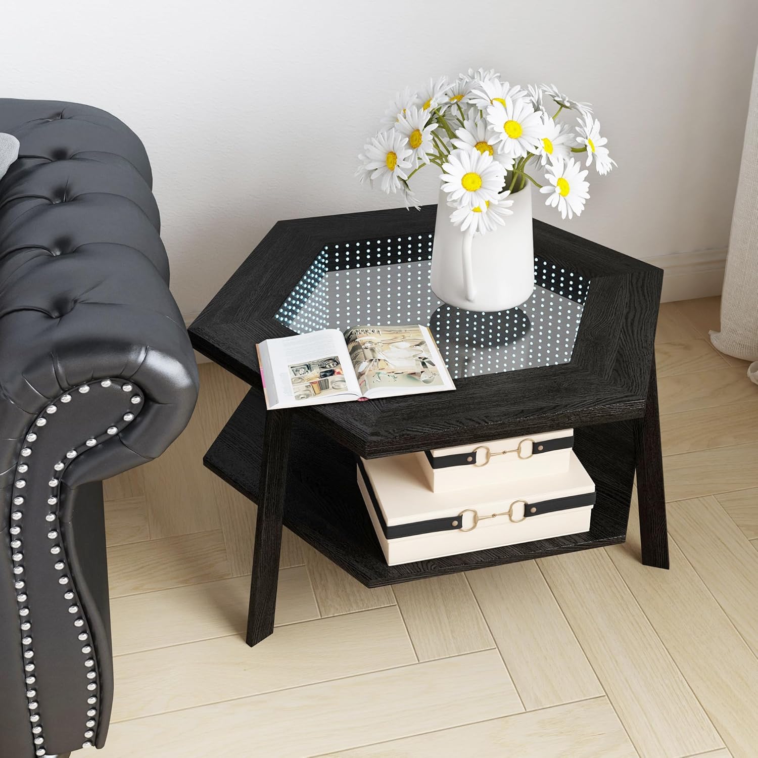 Mesa de centro moderna, mesa de centro hexagonal de 31.49 pulgadas, mesa de centro inteligente con sensor activado por voz, iluminación LED, luces