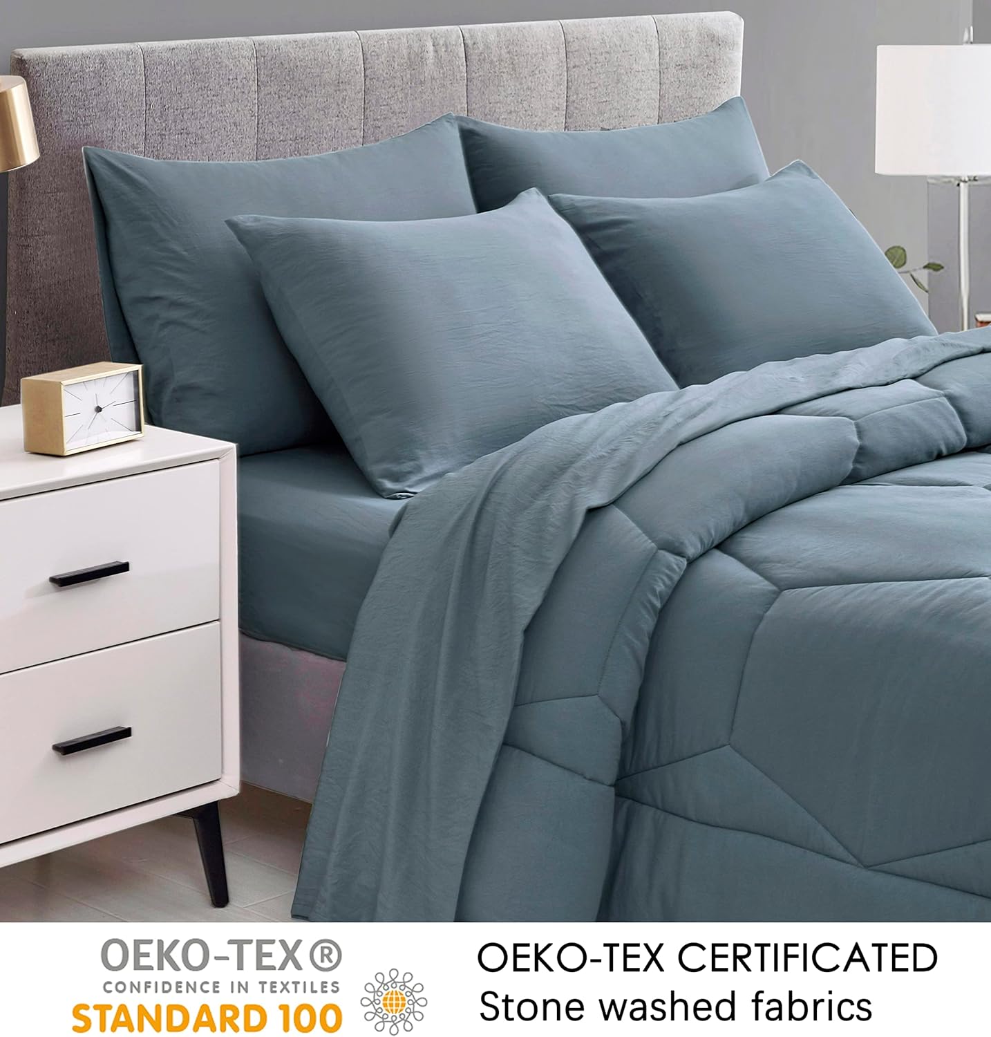 Chezmoi Collection Piper – Juego de cama matrimonial en una bolsa, 7 piezas, acolchado hexagonal de panal de abeja, suave lavado, microfibra de