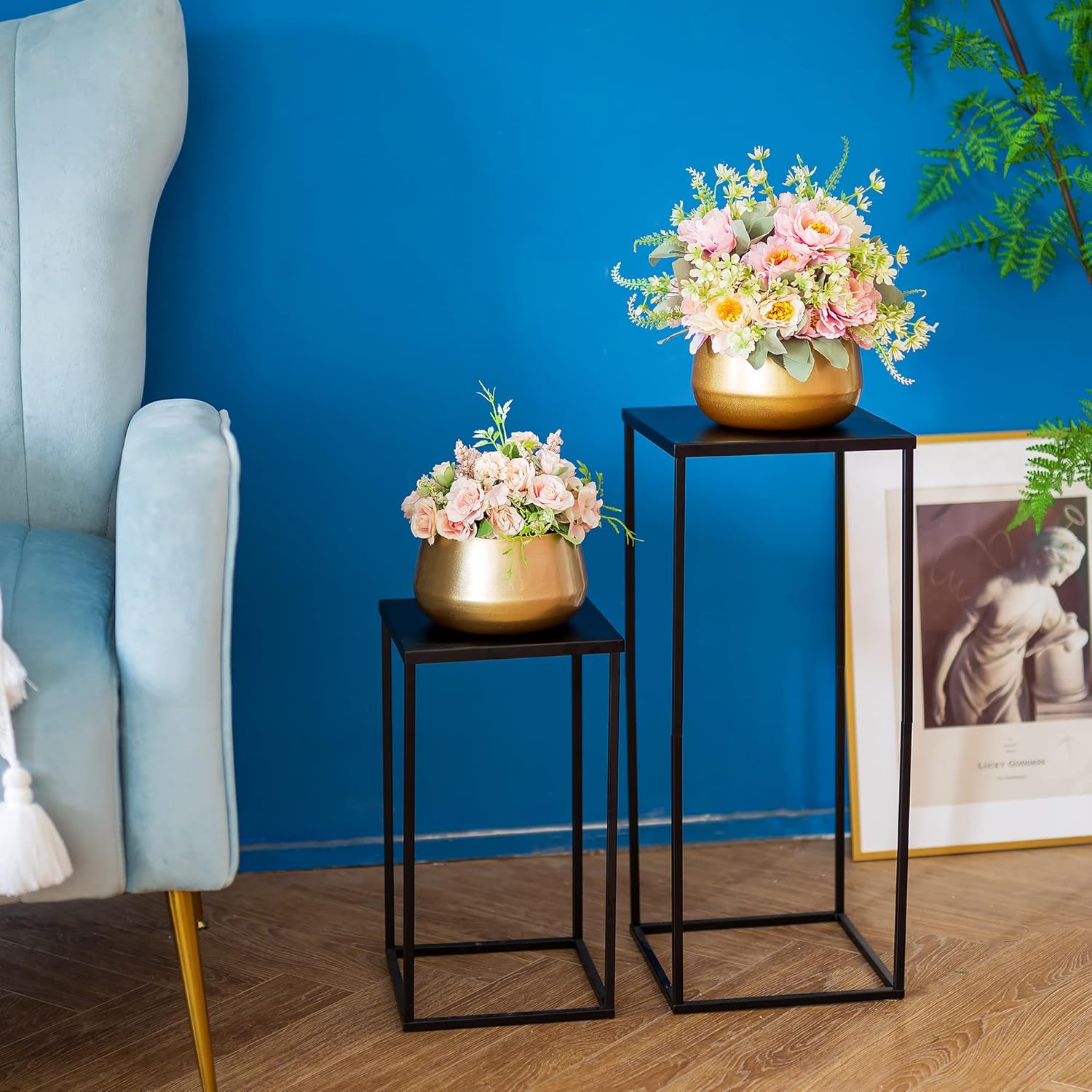 Soporte de pedestal negro para plantas, 2 piezas, soporte de metal para plantas, soporte de flores de 15.75 pulgadas de alto, soporte para flores,