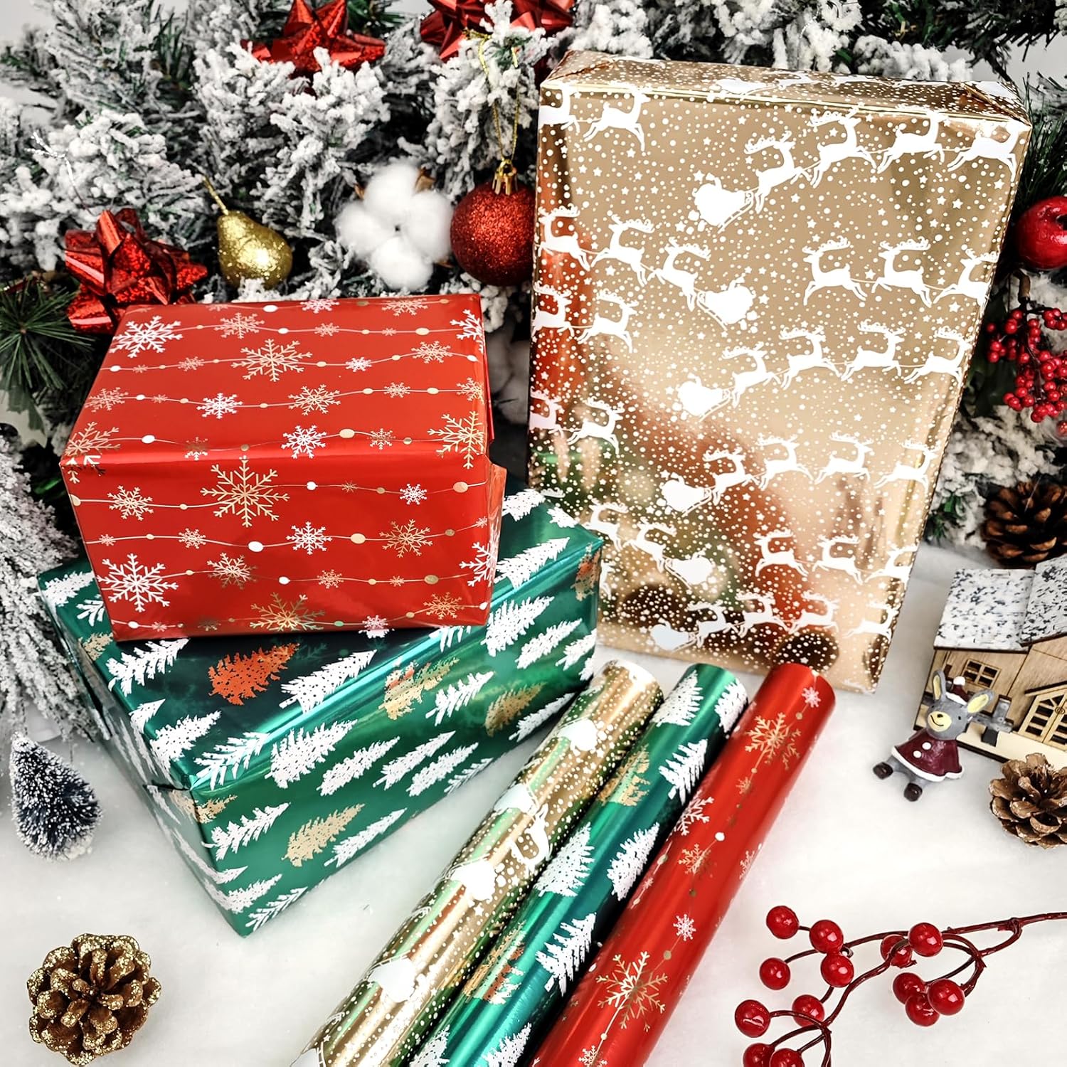 LDGOOAEL Mini rollo de papel de regalo de Navidad pequeño con líneas de corte en el reverso (17 x 120 pulgadas por rollo), papel de regalo rojo