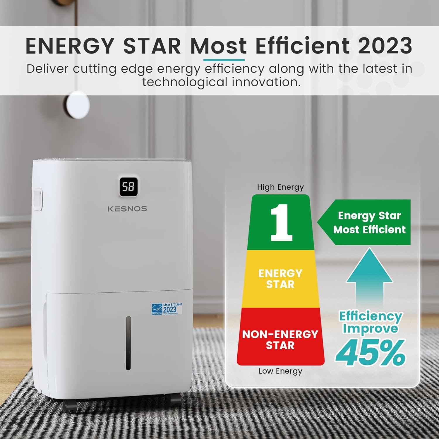 Kesnos Deshumidificador para el hogar de 80 pintas, el más eficiente Energy Star 2023 para espacio de hasta 5500 pies cuadrados  Deshumidificador