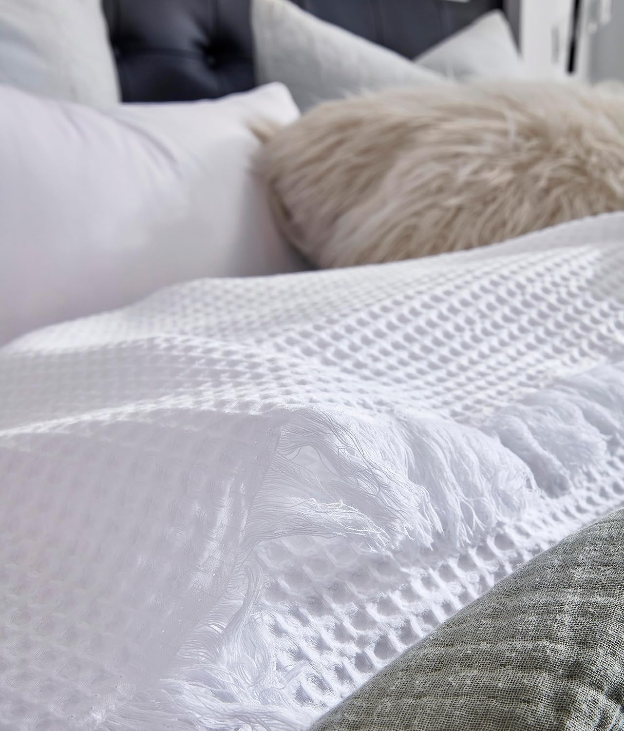 Manta de punto gofre 100% algodón de 90 x 90 pulgadas con borla, ligera, prelavada, suave, transpirable, manta perfecta para decoración de