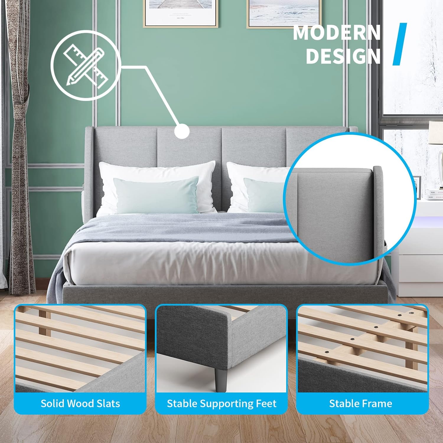 Mjkone Base de cama con cabecera de ala, marco de cama Queen y bolsillos laterales de almacenamiento, base de colchón resistente con listones de