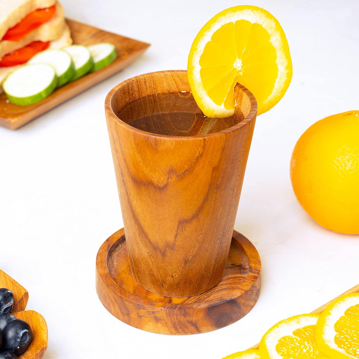 Juego de 2 tazas pequeñas de madera de teca javanesa de lados rectos, 6.8 onzas, ideal para técaféleche, bebidas calientes y frías, ultra duradero,