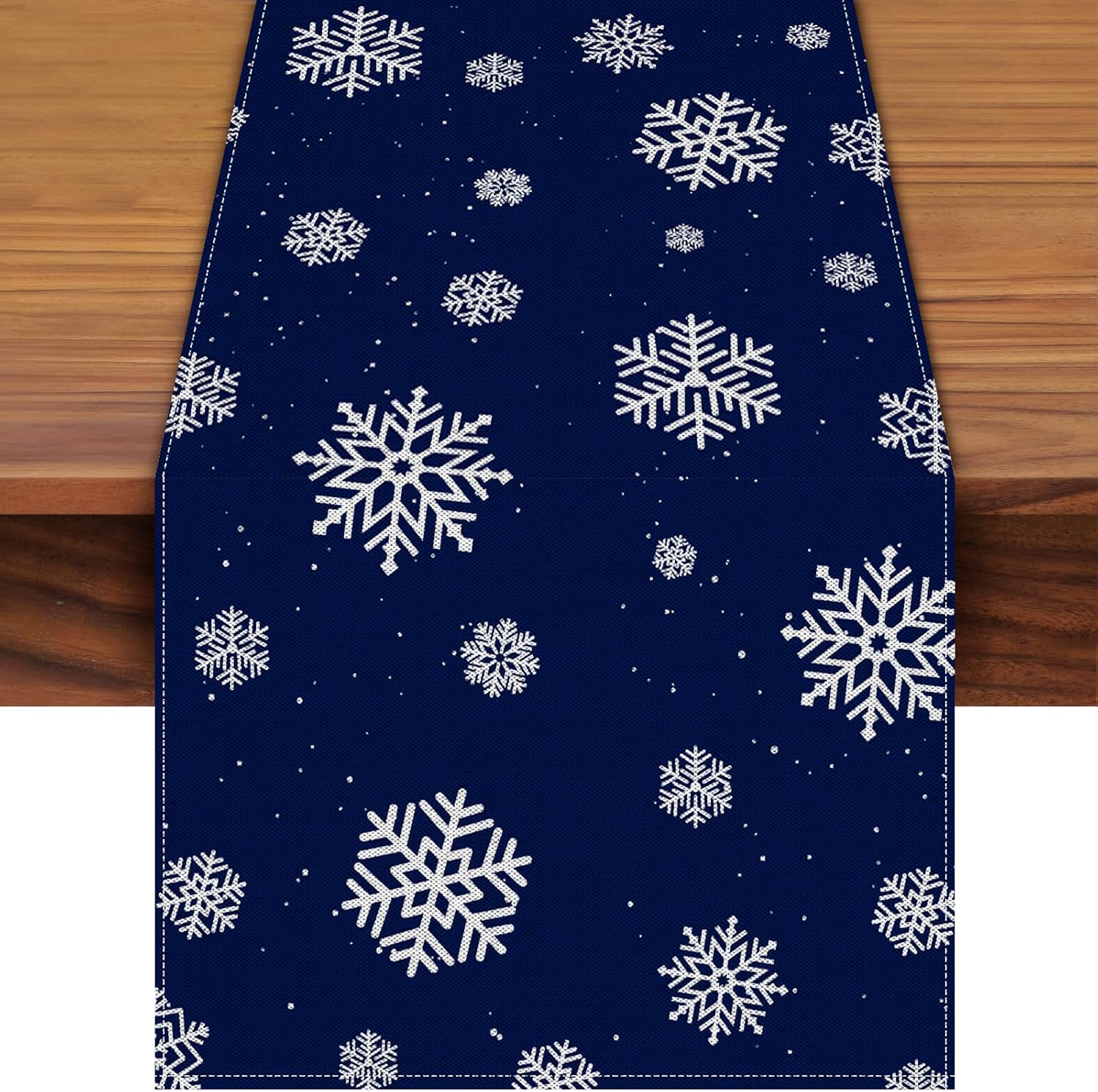 Camino de mesa navideño de copo de nieve de 72 x 13 pulgadas, decoración de mesa de arpillera de lino azul con patrón de nevadas blancas, decoración