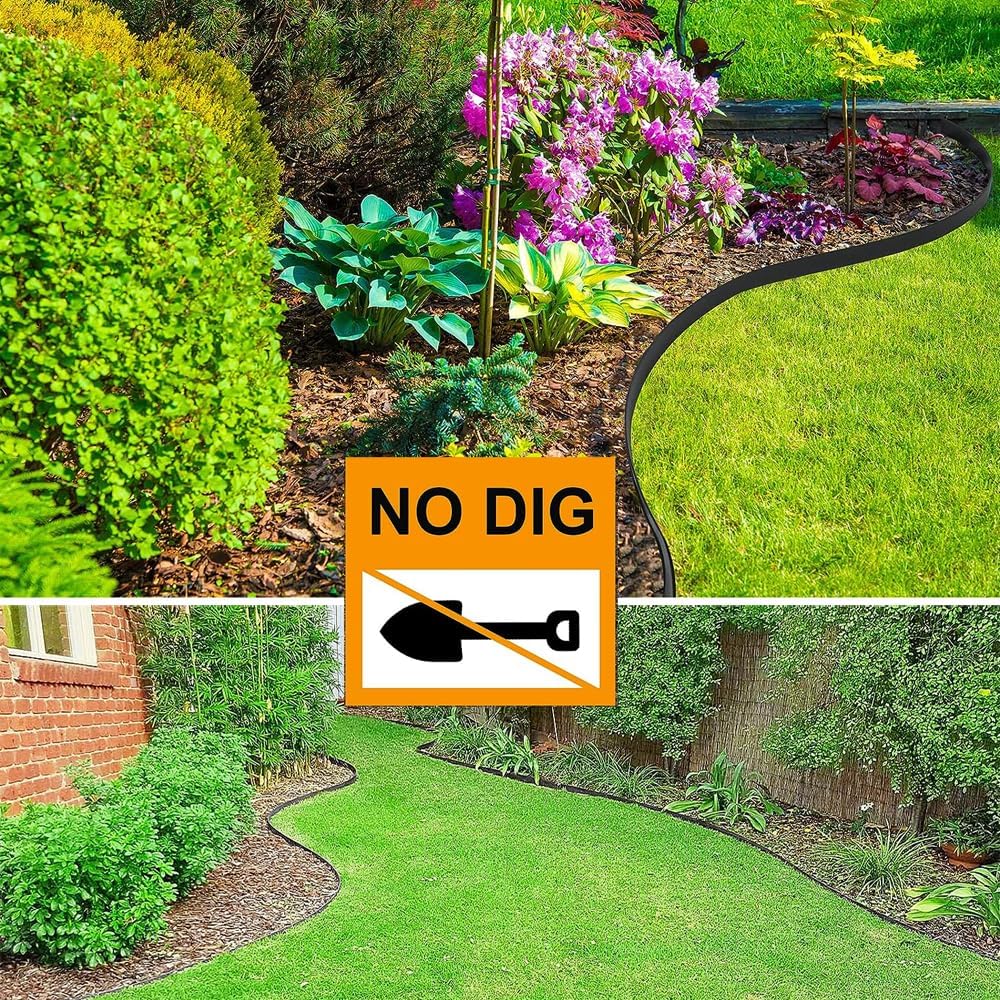 Kit de bordes de plástico sin excavación con 30 picos para jardinería de césped y jardines de flores, 4 pulgadas de alto, 33 pies de longitud (negro)