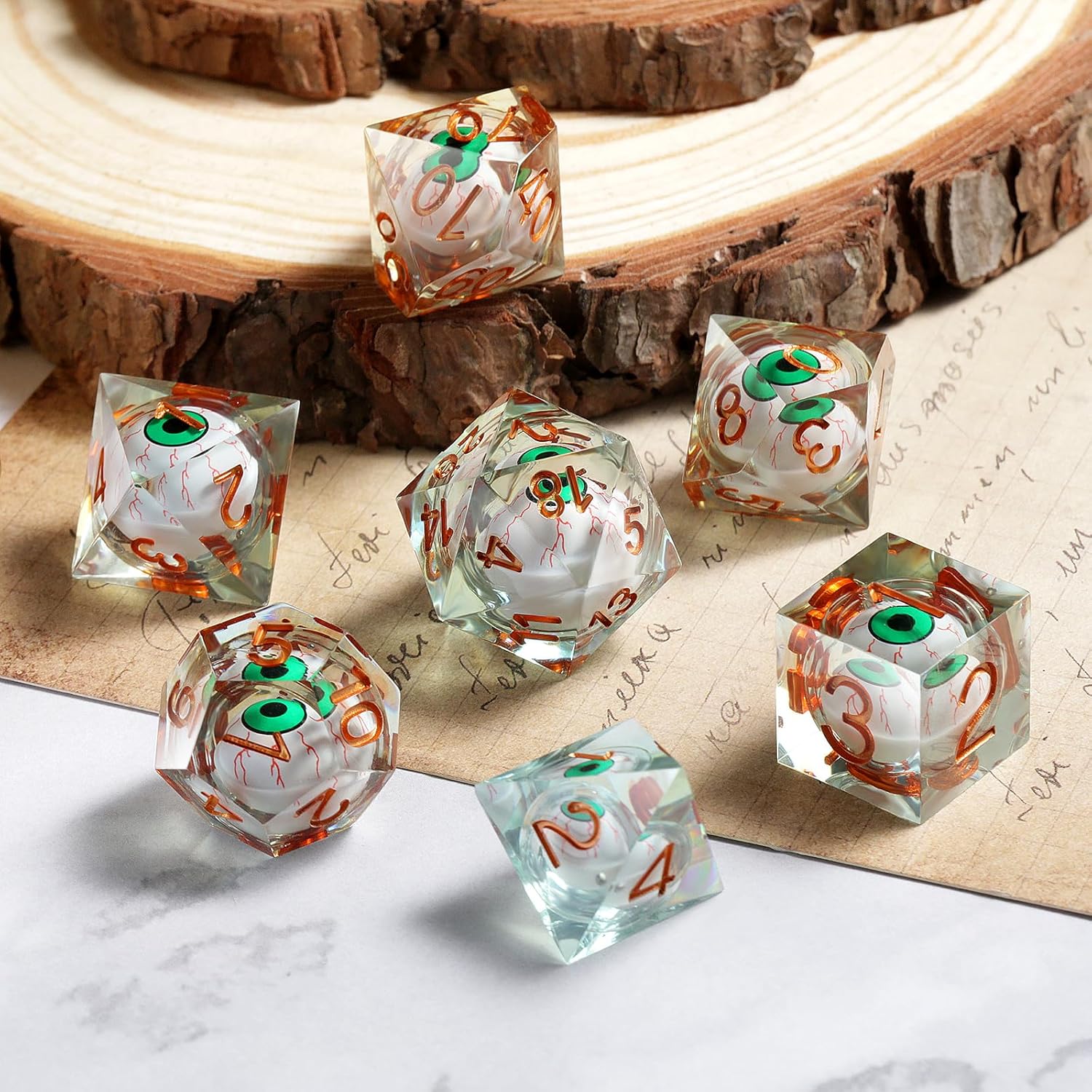 DNDND Dados DND de resina líquida con borde afilado y estuche de regalo para juego Dungeons and Dragon D&D (verde con globo ocular)