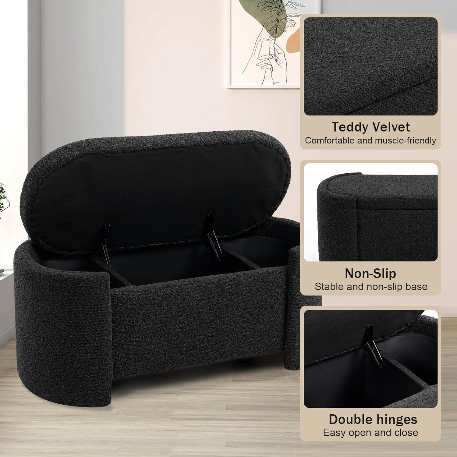 DecoraFlex Boucle Banco de almacenamiento negro, banco otomano tapizado moderno de 43.4 pulgadas, extremo de cama con bisagra de seguridad, banco