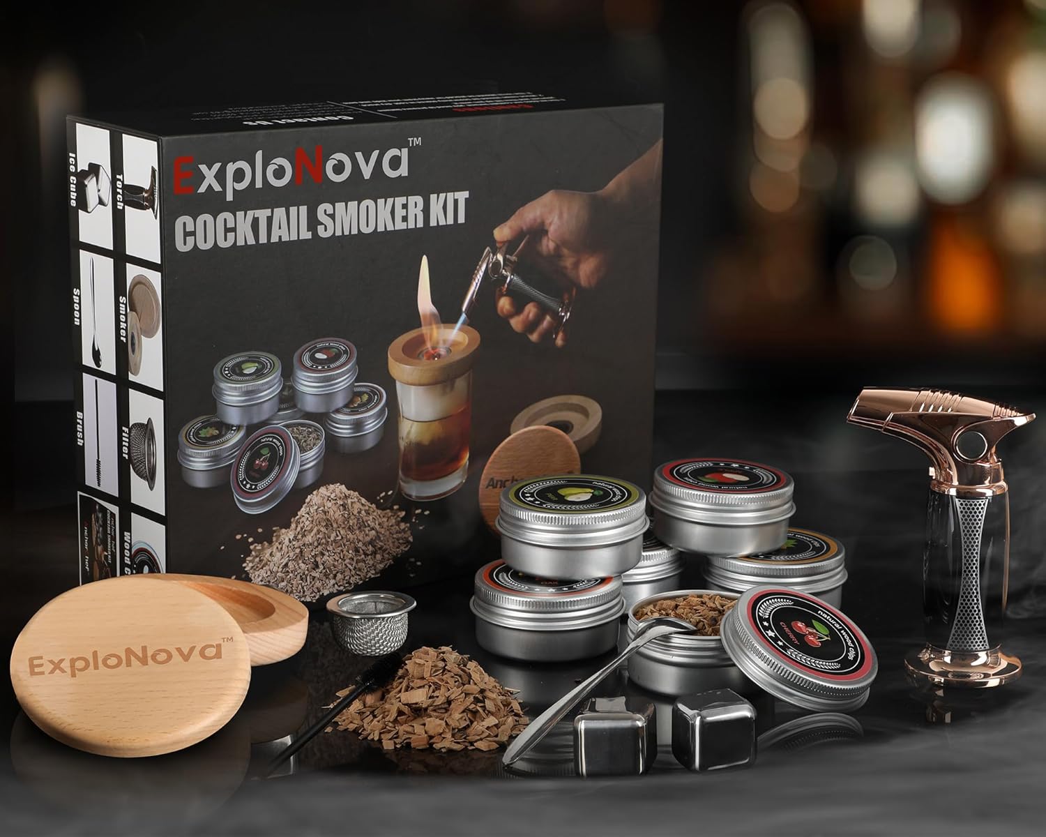 Kit de ahumador de cóctel con antorcha, kit de cóctel antiguo de 6 sabores, kit de infusor de bebida de whisky bourbon con piedras de hielo, regalo
