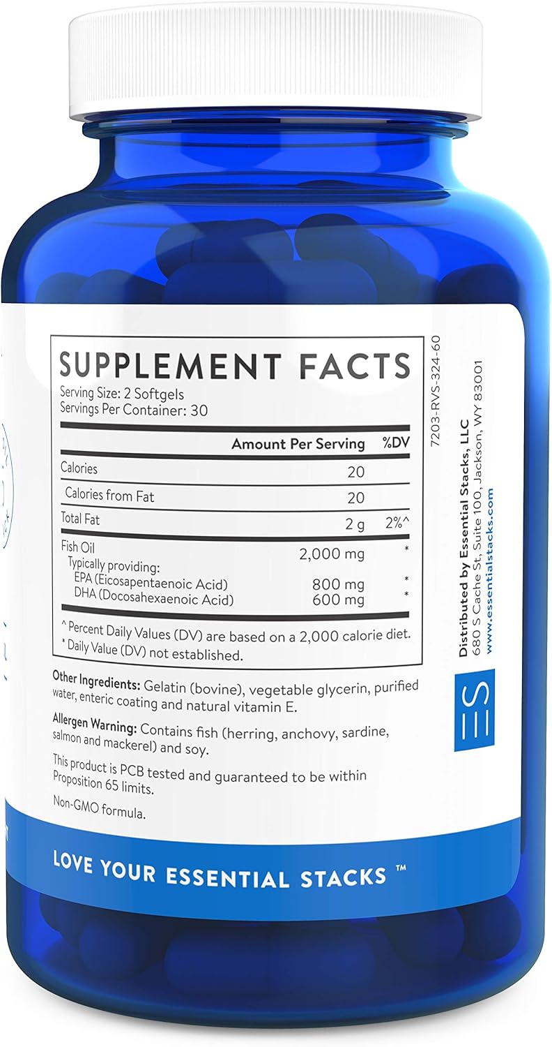 Essential Stacks Smart Omega 3 – Aceite de pescado sin eructos – 1400 mg EPA DHA por porción, recubrimiento entérico (60 cápsulas)