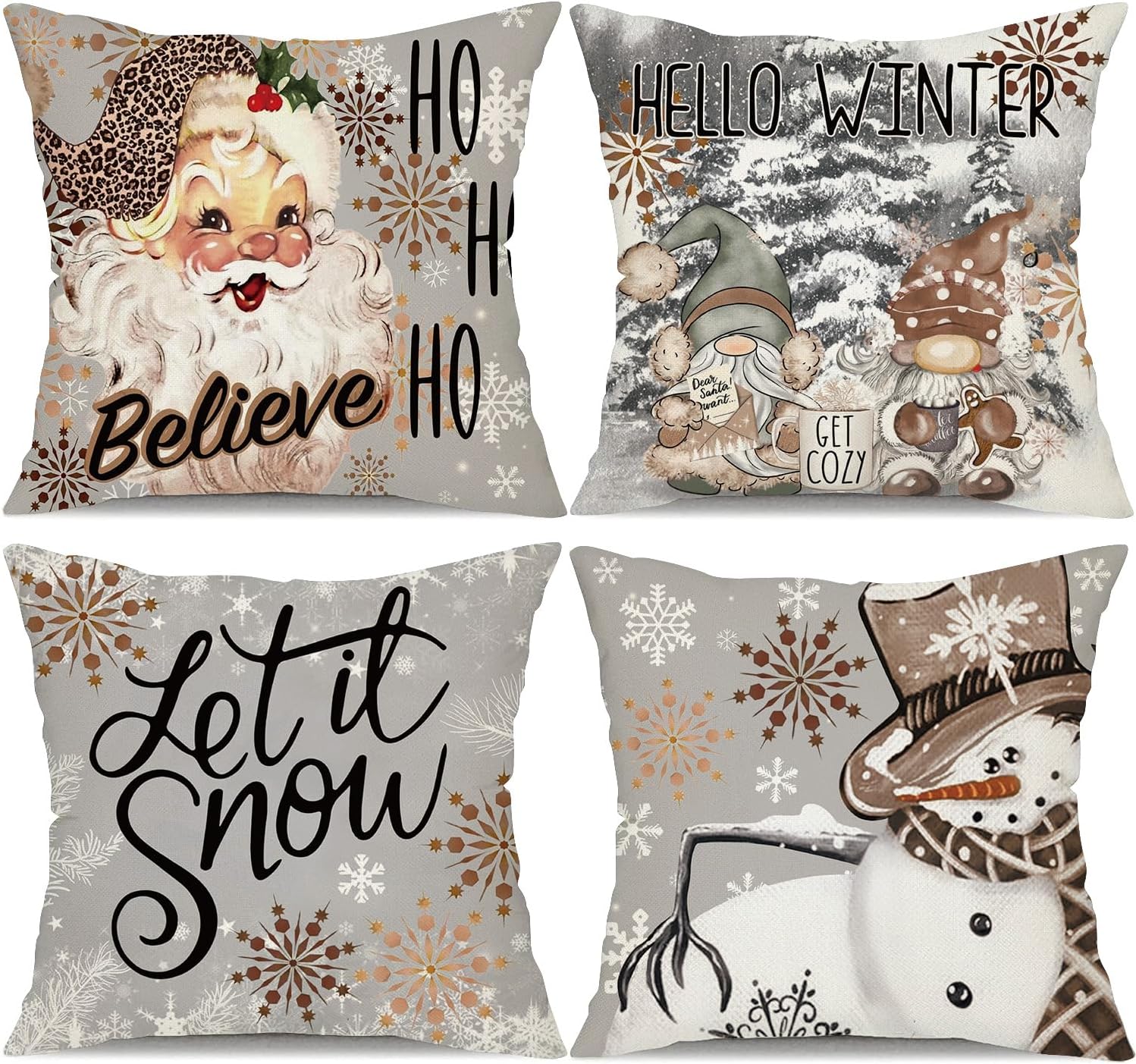 Juego de 4 fundas de almohada de Navidad de 18 x 18 pulgadas, diseño de copos de nieve, gnomos de árbol de Navidad, rústico, para invierno,