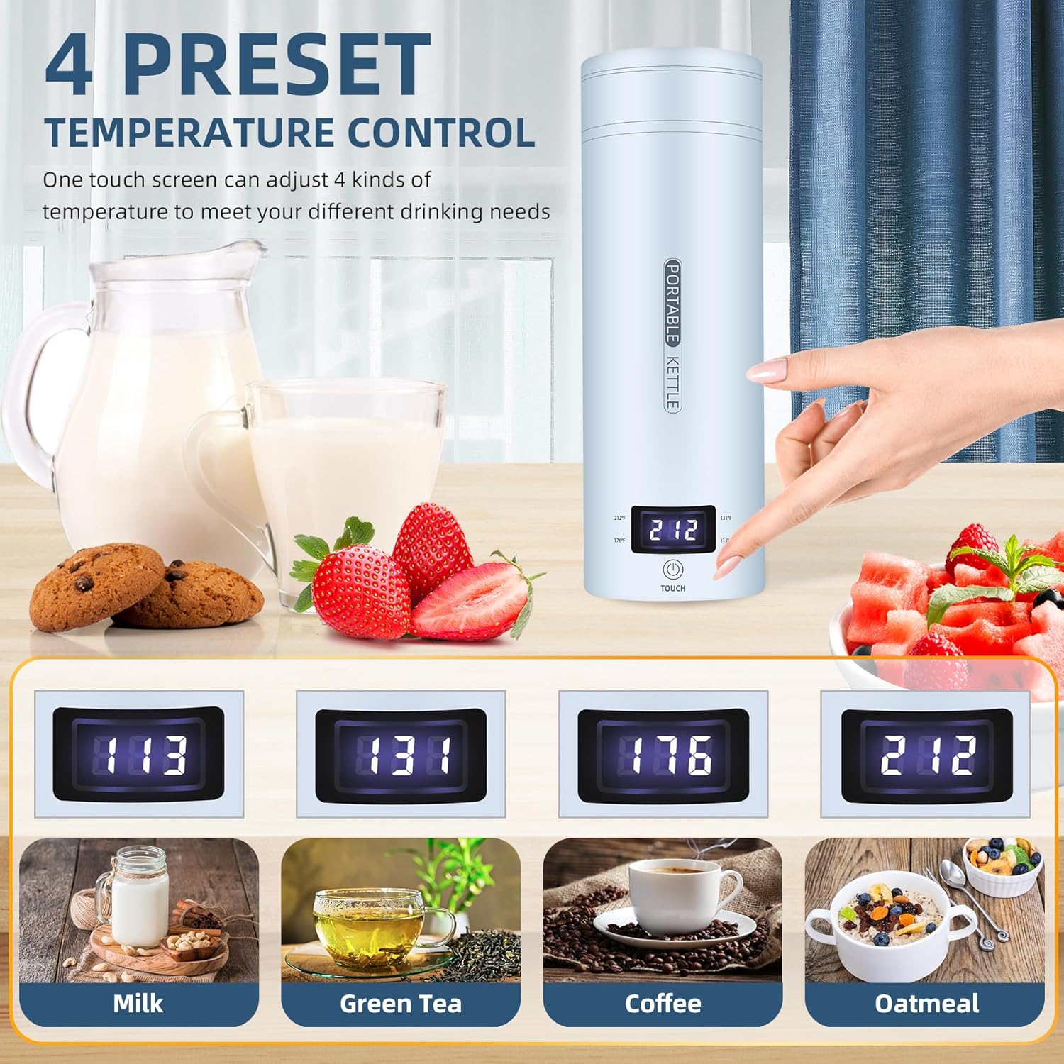 Hervidor eléctrico de viaje, portátil, pequeño, hervidor de agua, calentador de agua con 4 controles de temperatura, acero inoxidable 304 con