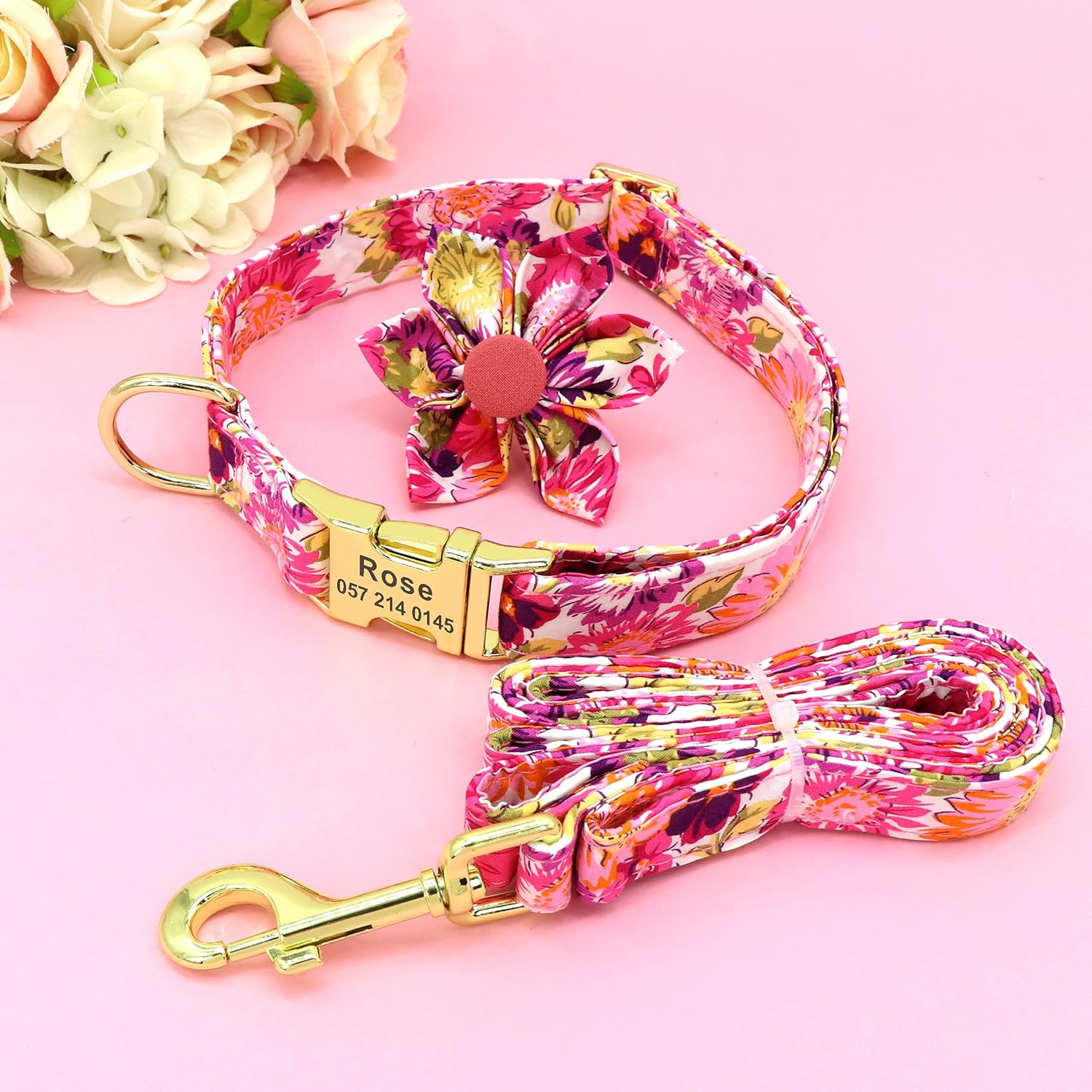 Beirui Juego de collar y correa de perro personalizado para niñas y perros, collar de perro personalizado con flor para perros pequeños, medianos y