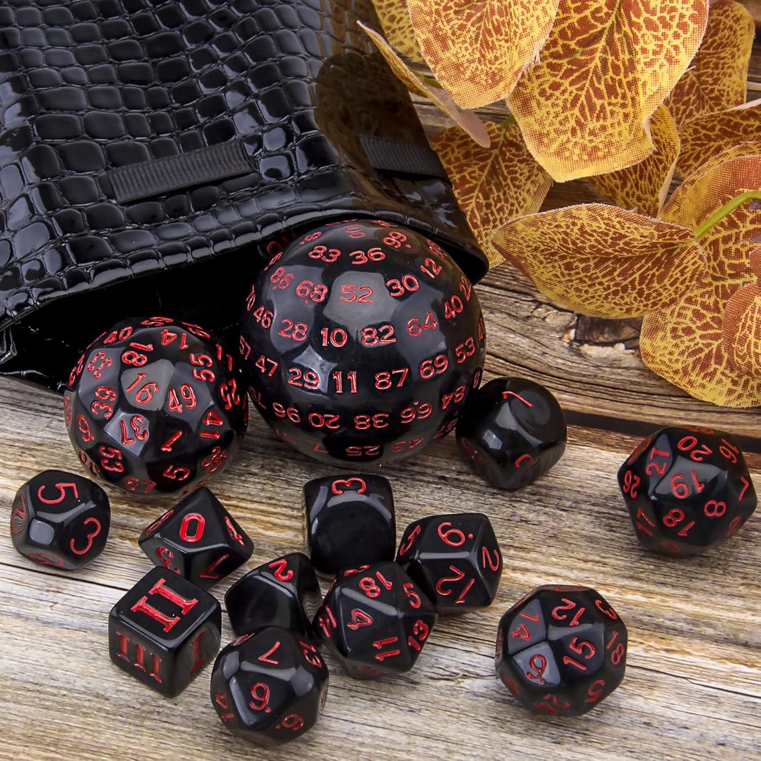 AUSTOR Juego completo de dados poliédricos D3-D100 de 15 piezas con una bolsa de almacenamiento de cuero con cordón para juegos de mesa (negro y