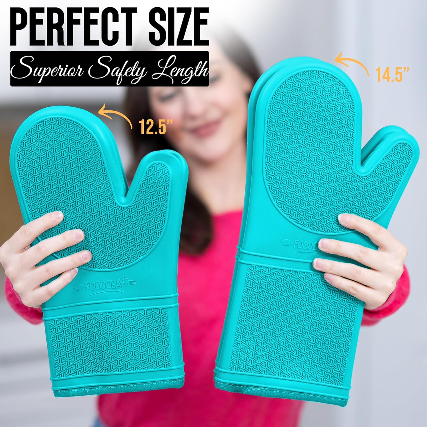 Guantes de horno de silicona resistentes al calor, 500F – 14.5 pulgadas, extra largos, diseño de agarre, guantes de horno de silicona con forro