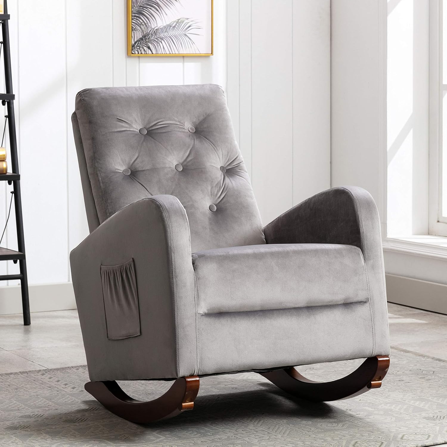 Silla mecedora decorativa, capitoné tapizada de terciopelo de lujo, sillón mecedor deslizante con bolsillo lateral para guardería, sala de estar,