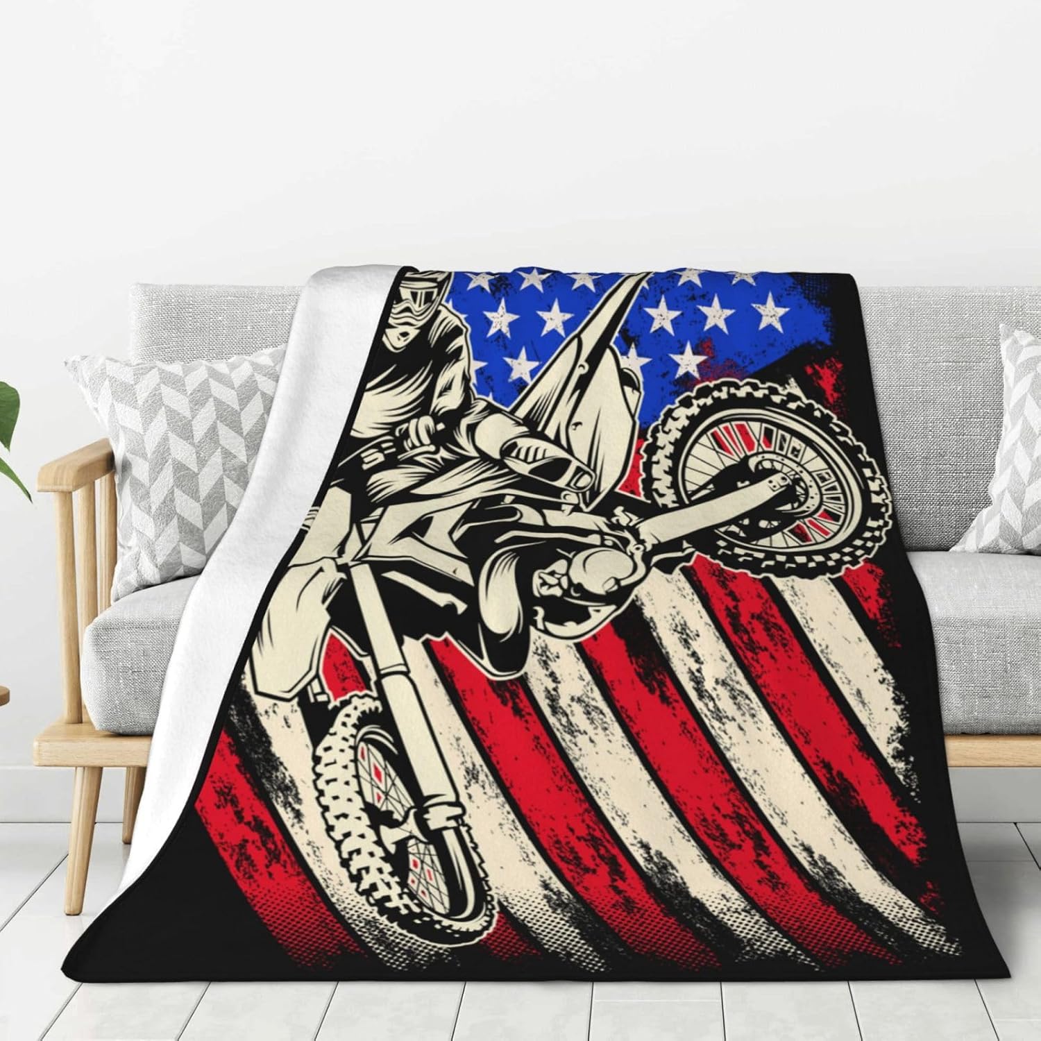 Manta de forro polar con bandera estadounidense de motocross para motocross, tamaño Queen, manta de cama suave, ligera, mullida y acogedora de