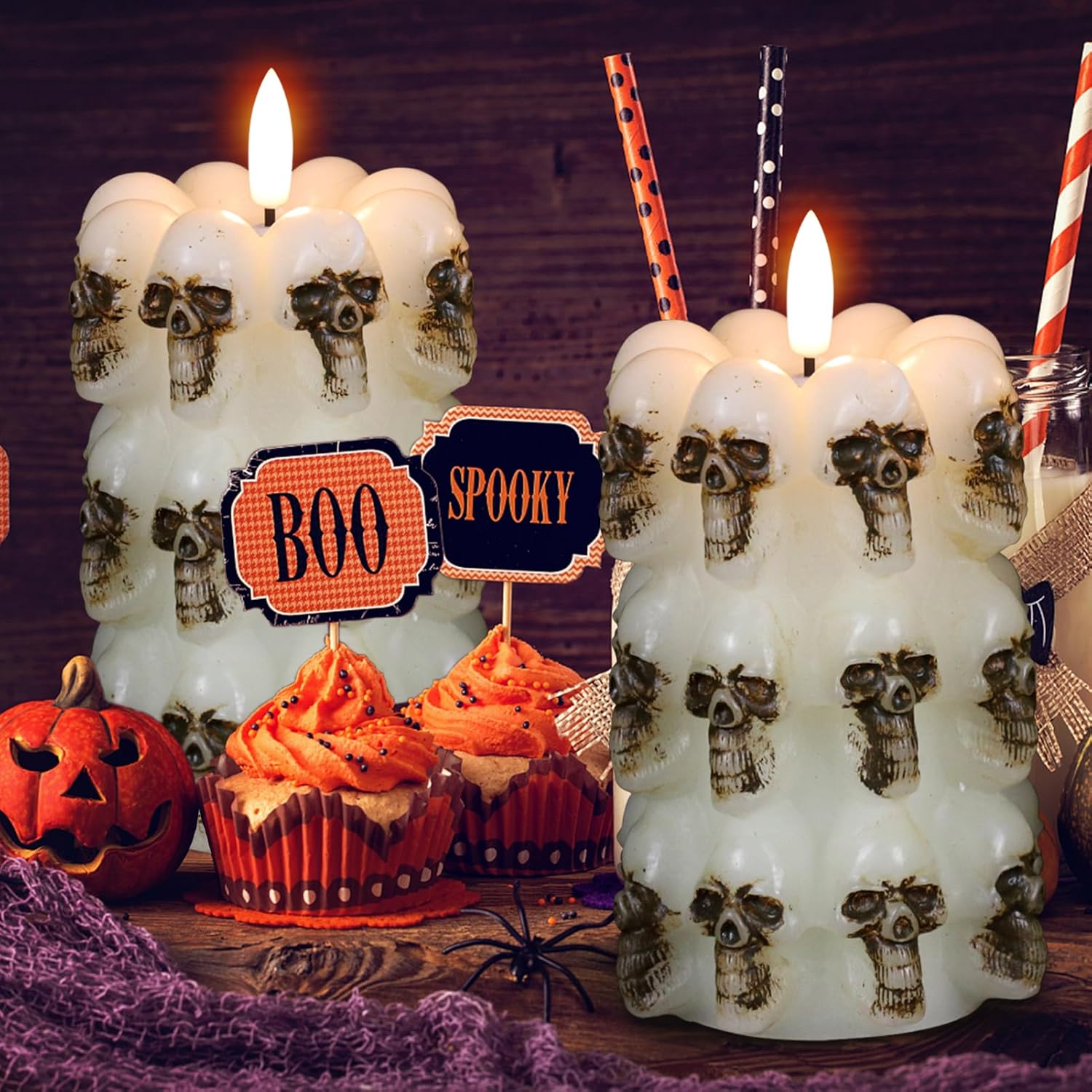 DRomance Velas sin llama apiladas de calavera con control remoto de 10 teclas y temporizador, paquete de 2 velas LED parpadeantes de cera real con