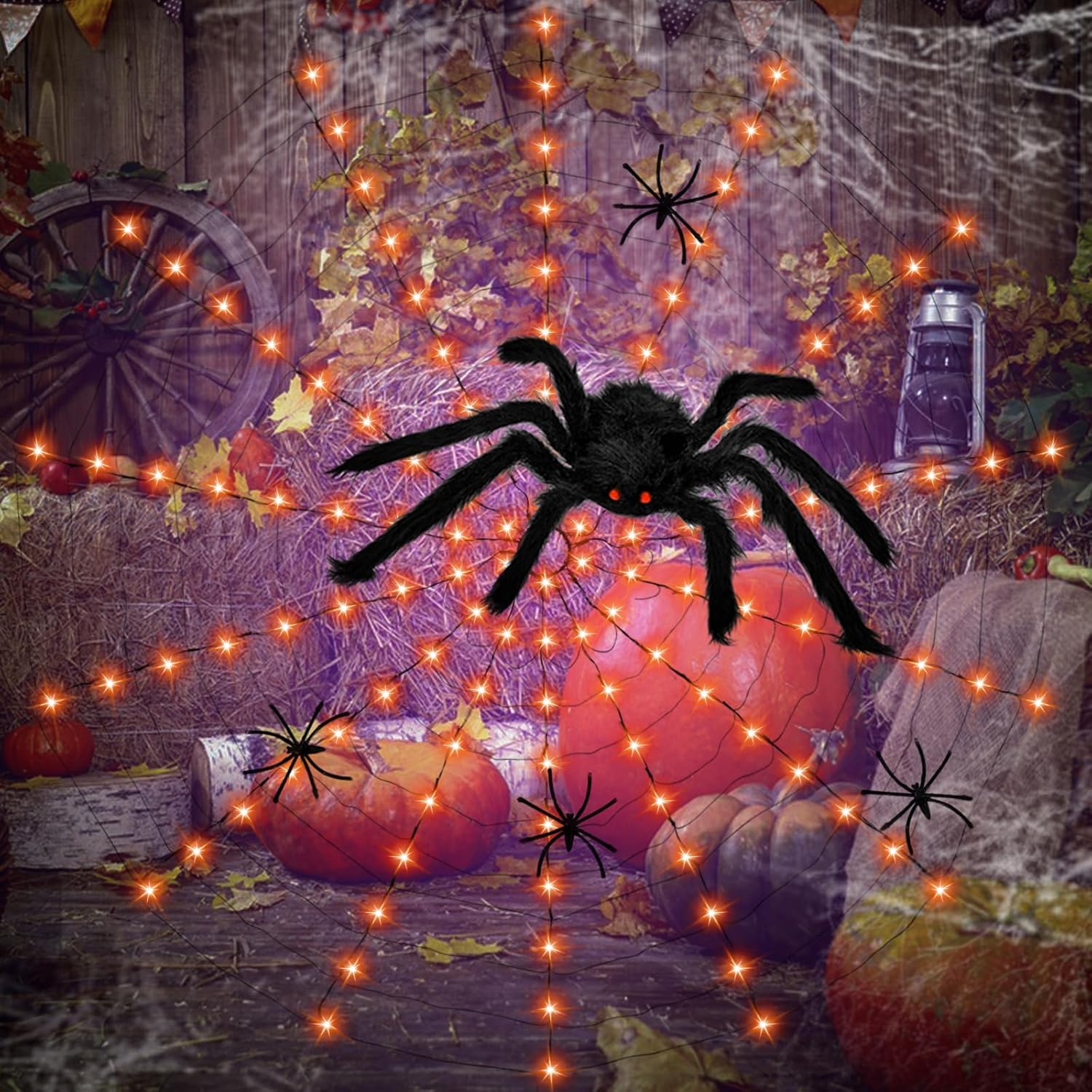 Anycosy Decoración de luces de Halloween, 140 luces LED de telaraña con 5 arañas negras, luces de Halloween al aire libre, 8 modos para decoración
