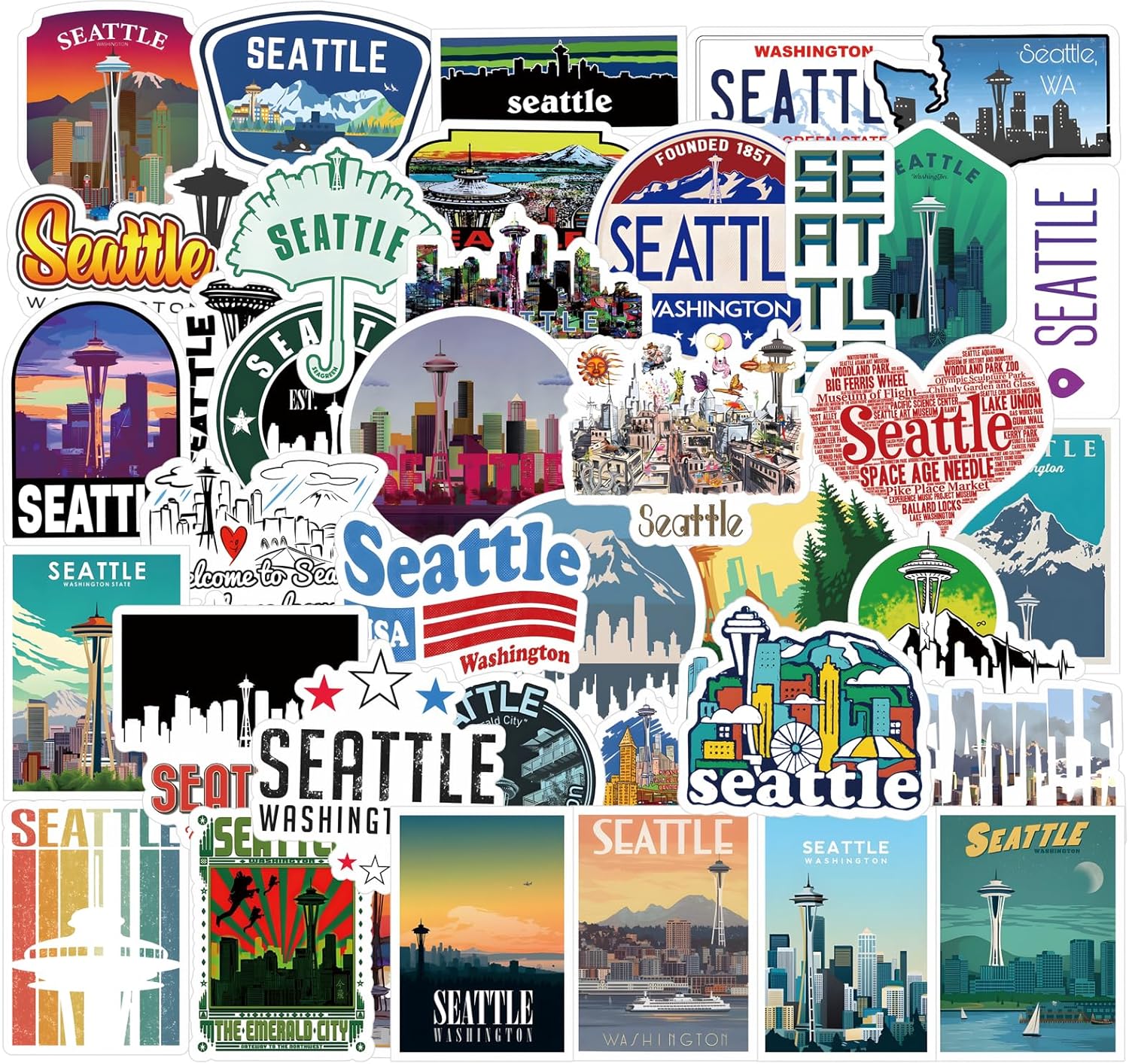 53 calcomanías de Seattle de vinilo impermeables para laptop, parachoques, patineta, botella de agua, computadora, teléfono, calcomanías de dibujos