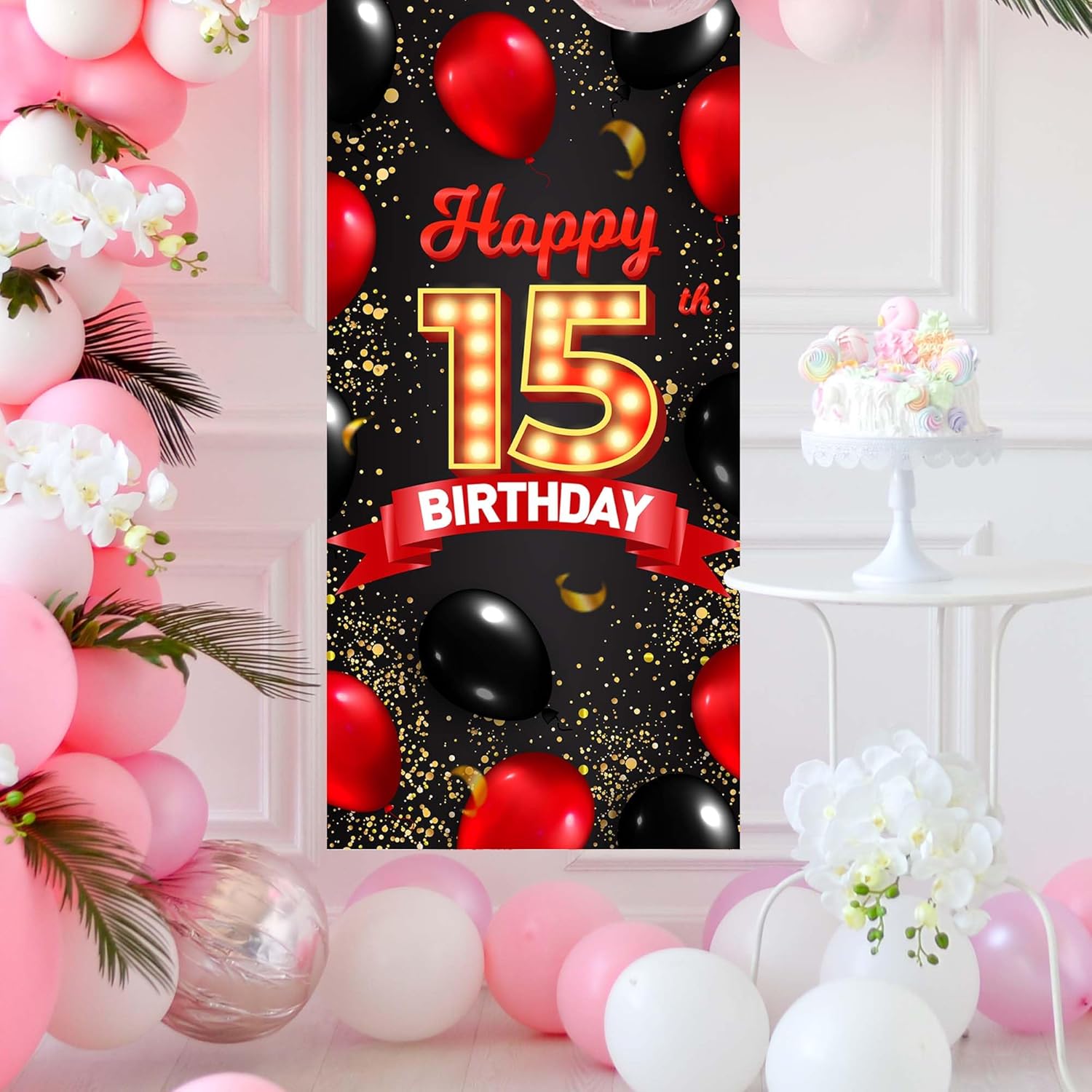 Cartel de feliz cumpleaños número 15 rojo y negro, globos de fondo para decoración temática para niñas y mujeres, princesas de 15 años, suministros