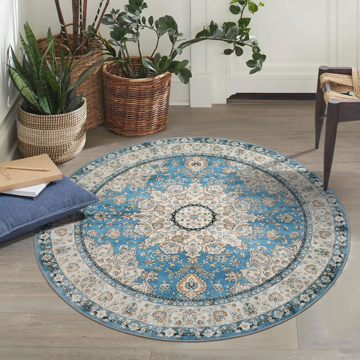 Lahome Alfombra redonda de medallón floral oriental, alfombra redonda pequeña azul de 3 pies, suave, antideslizante, lavable, alfombra de baño,