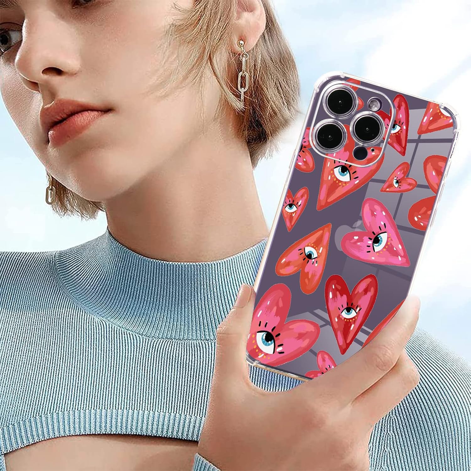 Buffertech – Funda para iPhone 11 Pro Max con diseño de ojos rojos, patrón de corazones de amor con protector de pantalla impacto de caída de 6.6