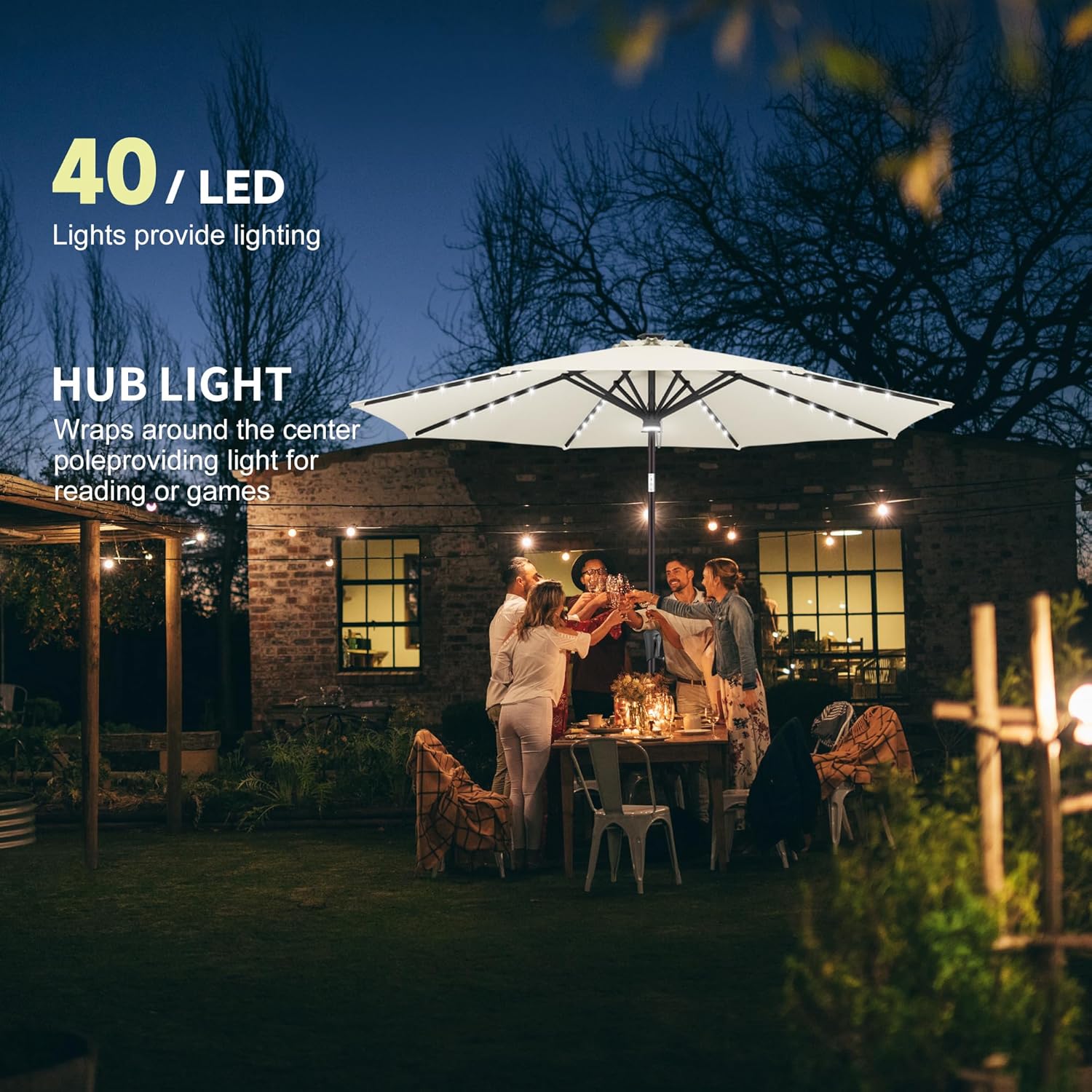 uHousDeco Sombrilla solar LED de 10 pies para patio y playa, impermeable y resistente al óxido, poste de acero marfil