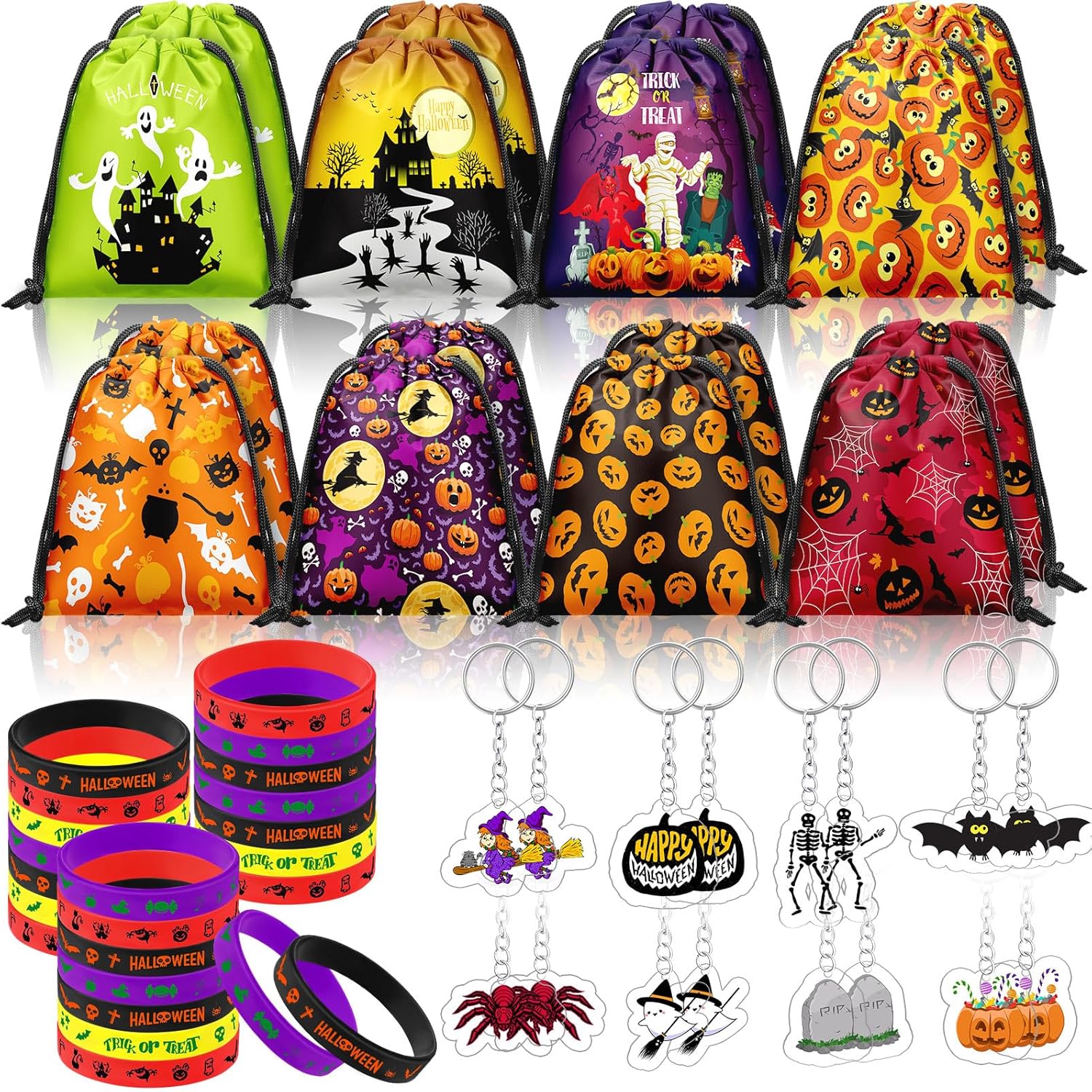 48 piezas de recuerdos de fiesta de Halloween, 16 bolsas con cordón para fiesta de Halloween, bolsas de dulces para dulce o truco, 16 pulseras de