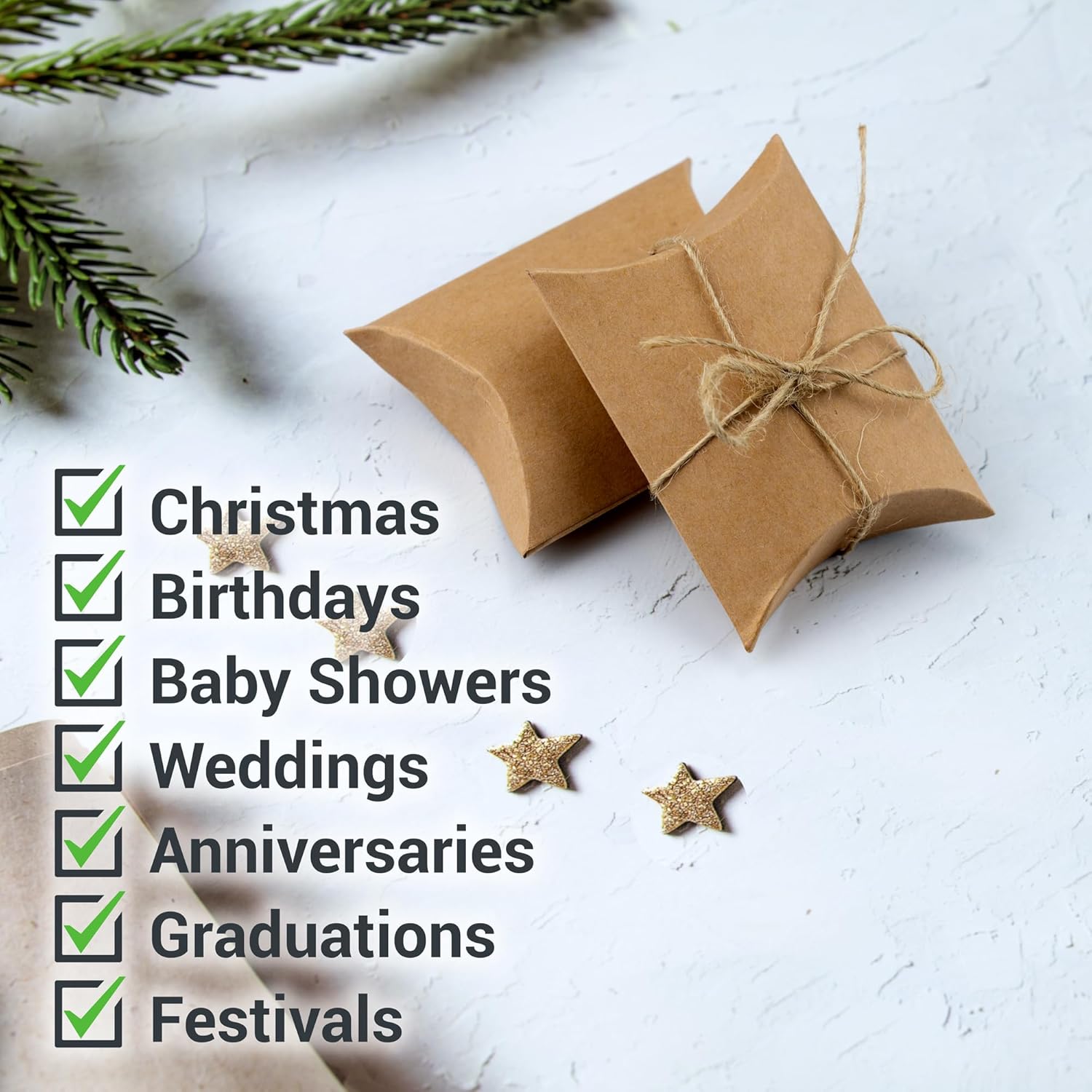 IFAMIO 50 cajas de regalo de almohada de papel kraft con cuerda de yute, pequeñas cajas de dulces para regalo de joyas, embalaje de jabón, mini caja