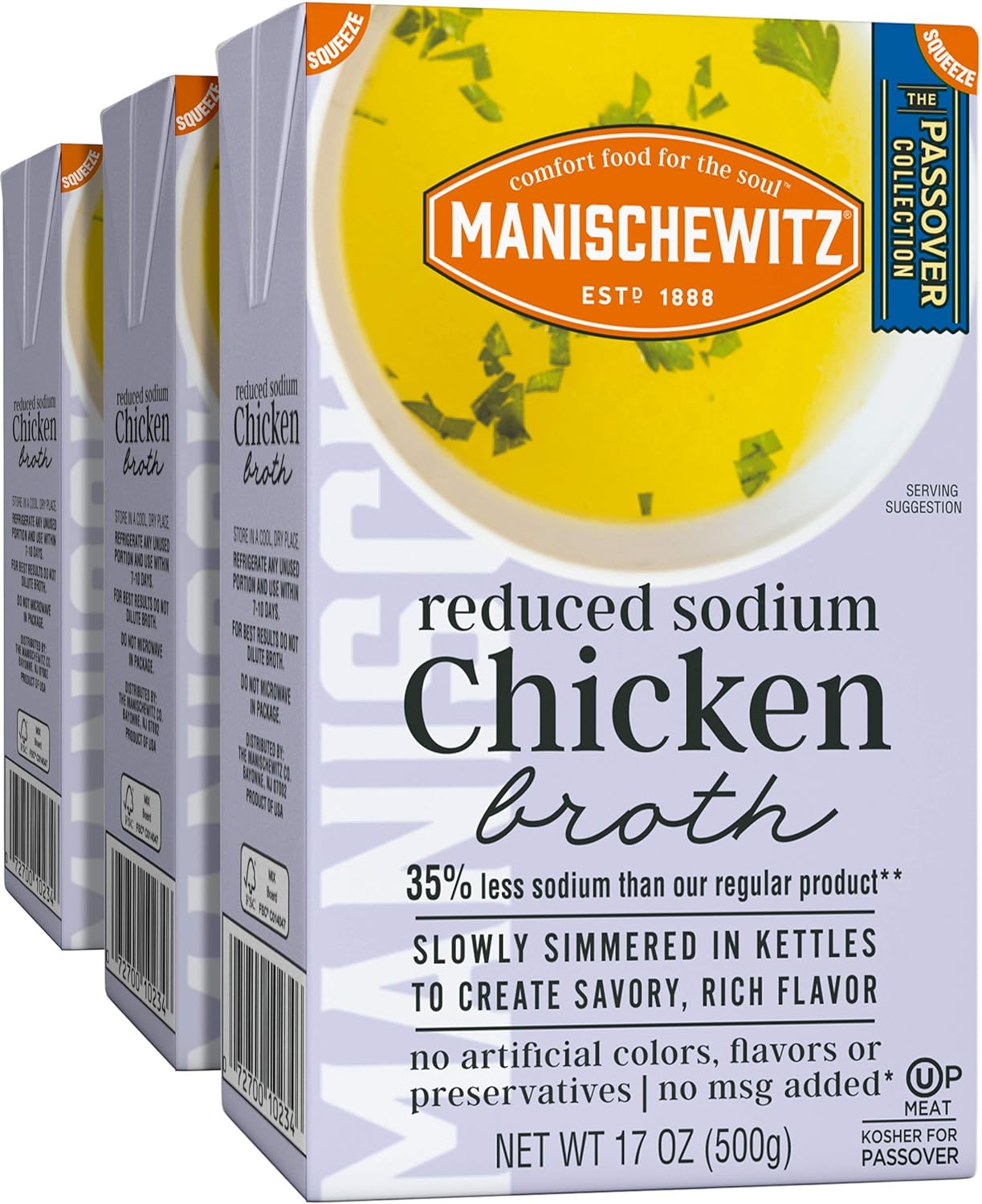 Manischewitz Caldo de pollo reducido en sodio, 17 onzas (paquete de 3), sabroso, hervidor cocido, a fuego lento, Kosher para Pascua