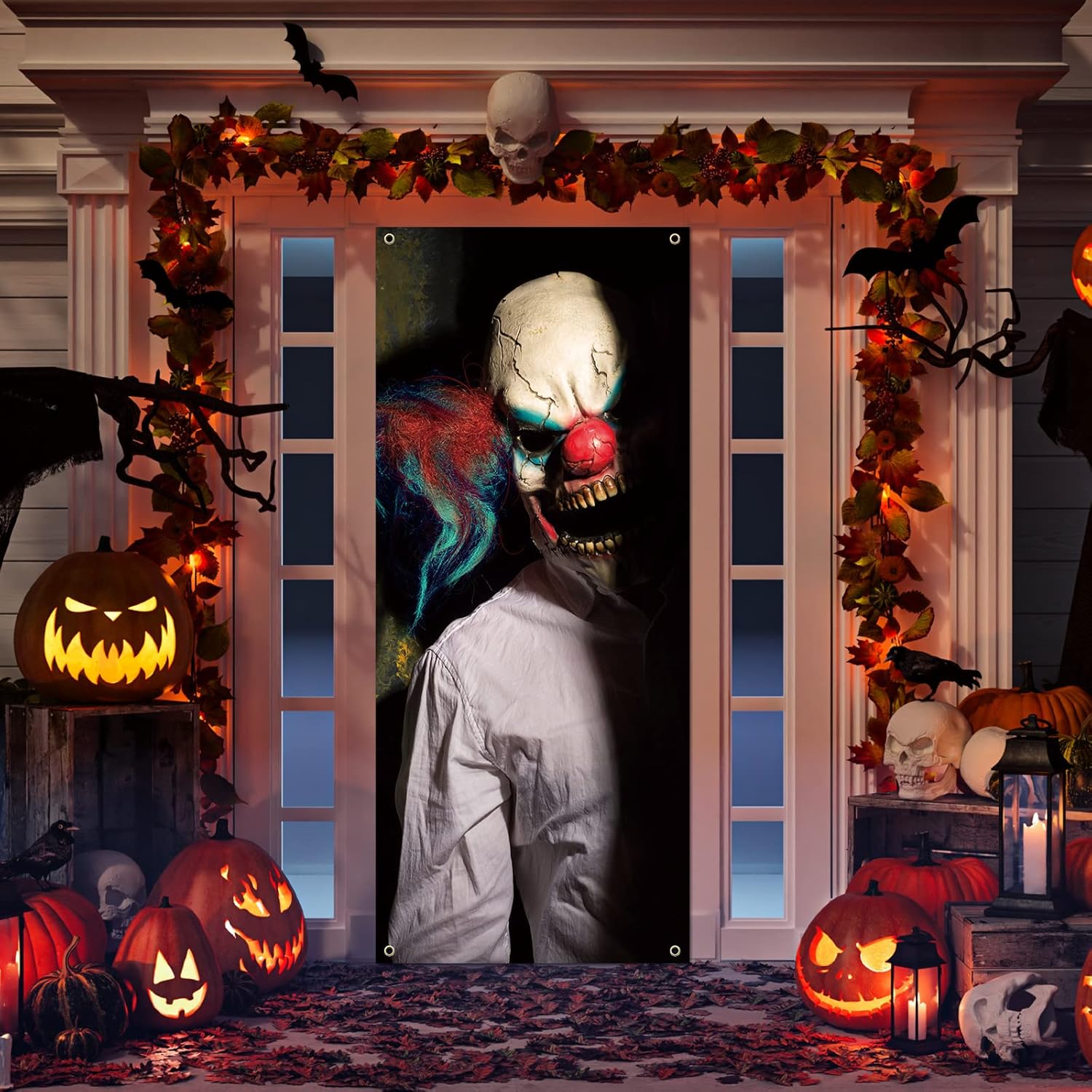 Cubierta de puerta de fantasma de payaso malvado, decoración de puerta de Halloween, 79 x 35 pulgadas, calcomanías de payaso aterrador, carteles de
