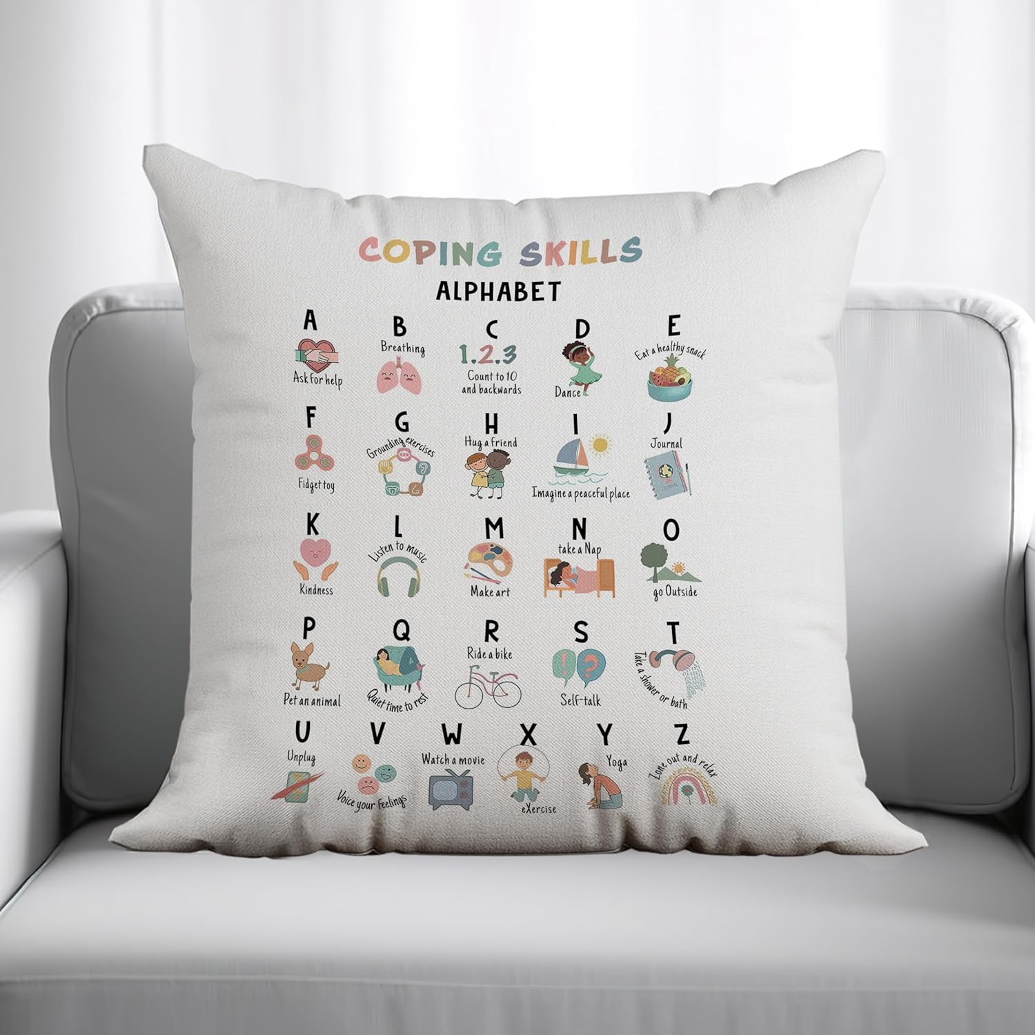 Coping Skills ABC – Fundas de almohada de 18 x 18 pulgadas, decoración de salud mental, fundas de almohada de oficina de asesoramiento, decoración