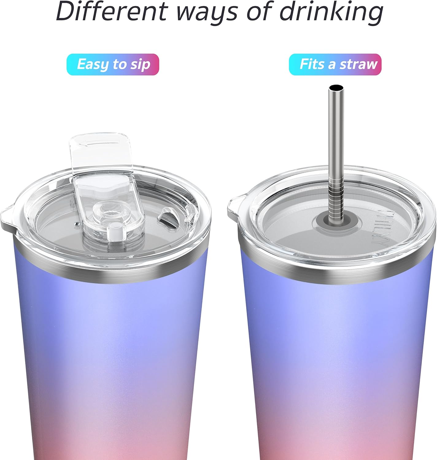 THILY Vaso de viaje de acero inoxidable aislado al vacío, taza de café de 26 onzas con 2 tapas y popotes, a prueba de salpicaduras, mantiene las