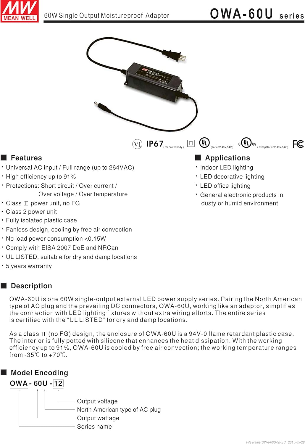 MW Mean Well OWA-60U-15 15V 4A 60W Adaptador de CA a prueba de humedad LED de salida única