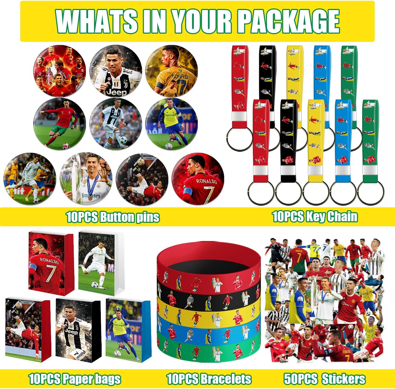 90 decoraciones de fiesta de estrella de fútbol incluyen 10 pulseras, 10 llaveros, 10 pines de botón, 10 bolsas de papel y 50 calcomanías,
