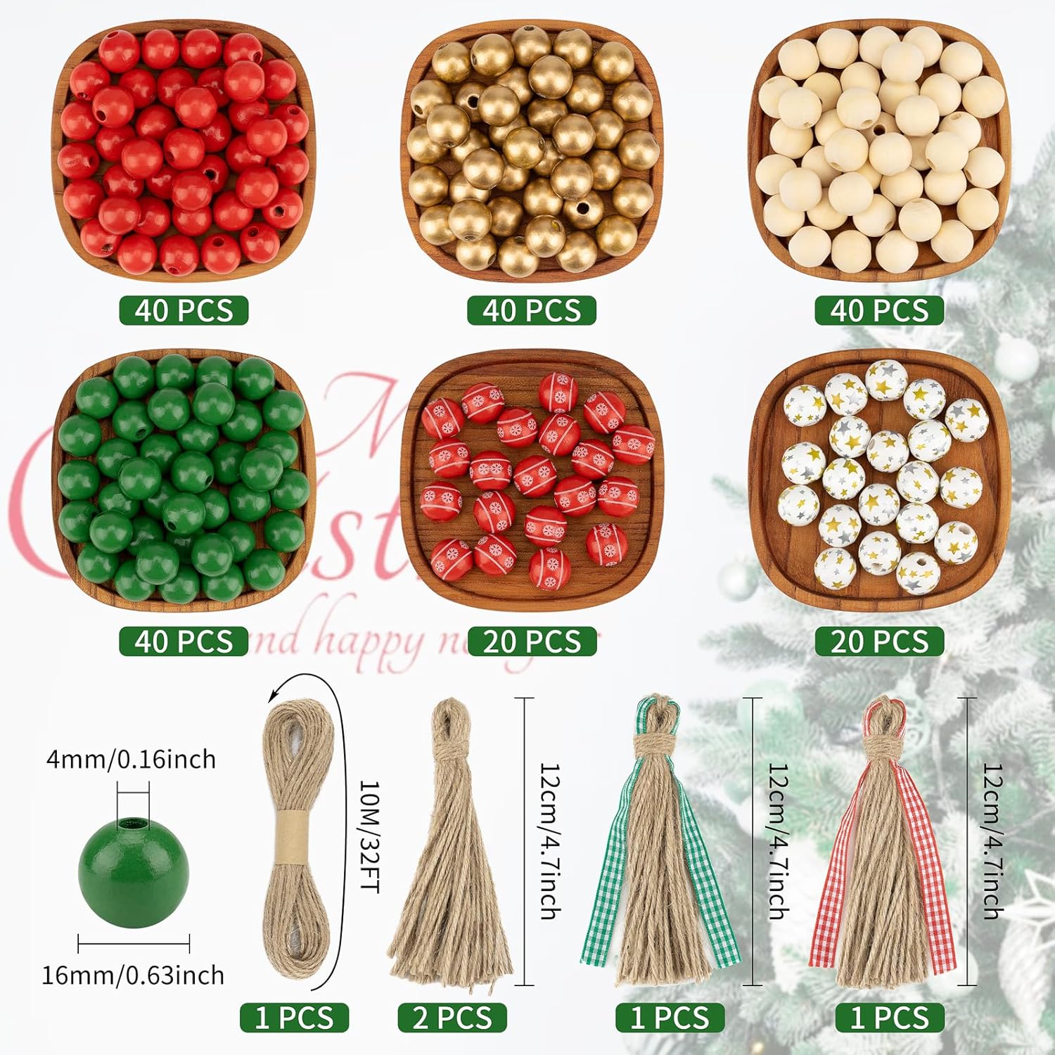 200 cuentas de madera de Navidad, manualidades, cuentas de madera, estampado de estrellas, estampado de nieve, madera roja, verde y dorada, cuentas