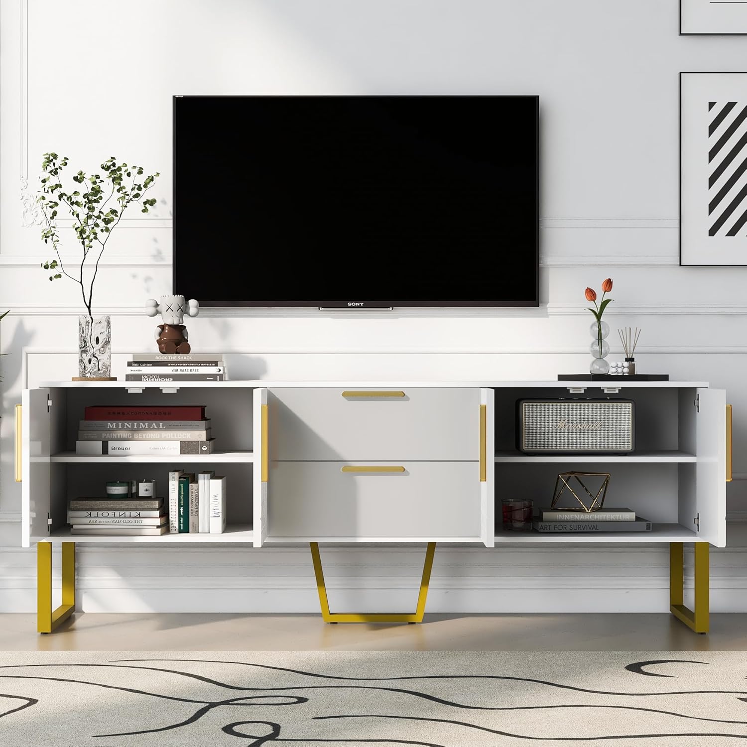 Bellemave Moderno soporte de TV para televisores de hasta 75 pulgadas, armario de almacenamiento con cajones y gabinetes, mesa consola de TV de