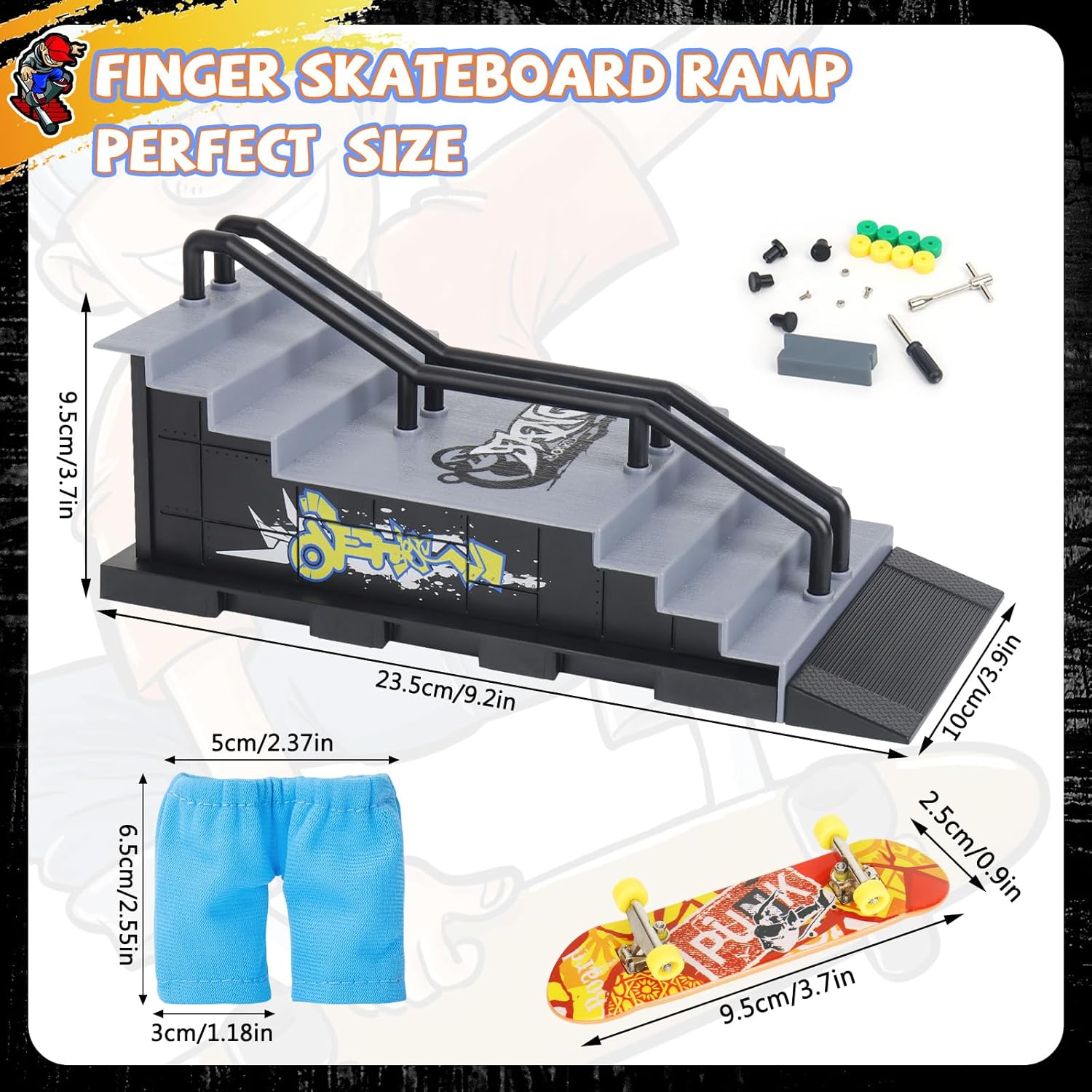 KETIEE Mini rampa de patinetas para dedos kit de patinaje de patinaje con diapasón y mini pantalones cortos de dedo para juego interactivo de