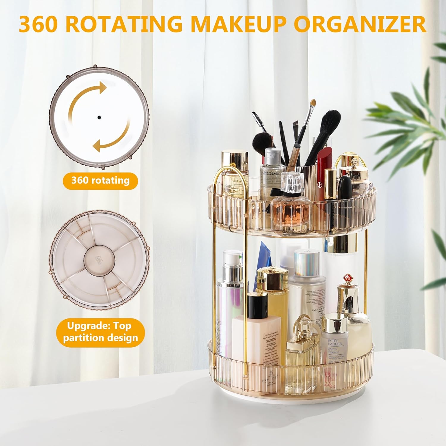 XISIYUJZ Organizador de maquillaje giratorio de 360 para tocador de 2 niveles, organizador de tocador de baño de alta capacidad, organizador de