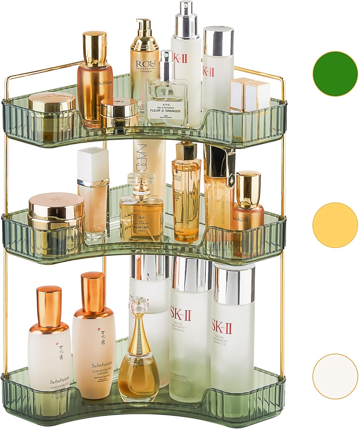 Organizador de maquillaje para esquina de baño, soporte organizador de maquillaje verde de 3 niveles, estante de perfume acrílico de gran capacidad,