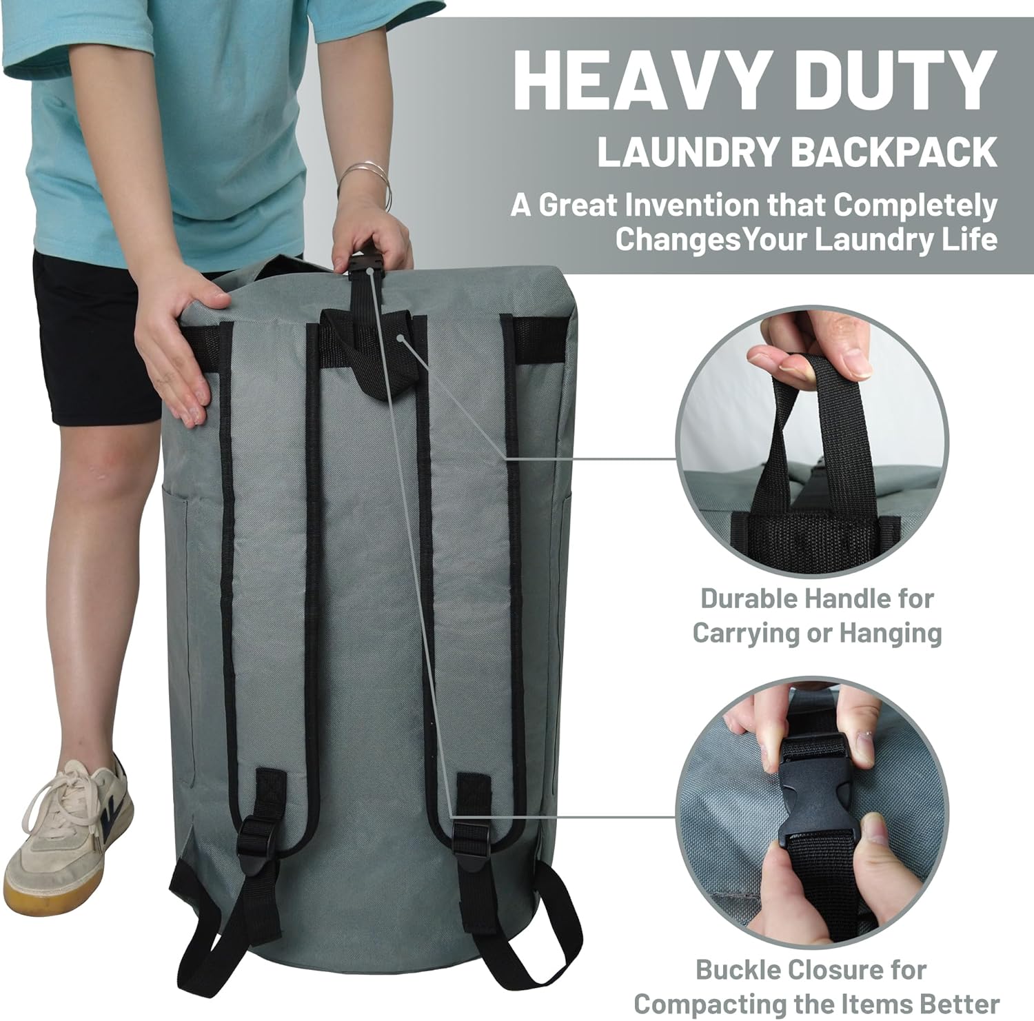 Caroeas Mochila de lavandería de 125 litros, bolsas de lavandería extra grandes con correas para el hombro, mochila duradera con 4 bolsillos, bolsa