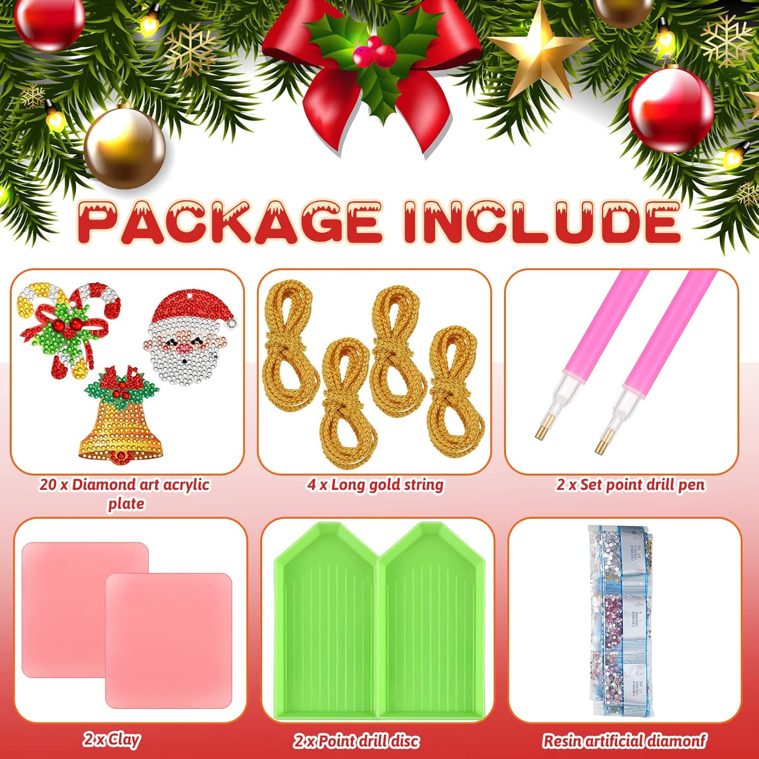 Jetec 20 piezas de adornos de pintura de diamantes de Navidad, kits de arte de diamantes, adornos de pintura de cristal para manualidades de niños,